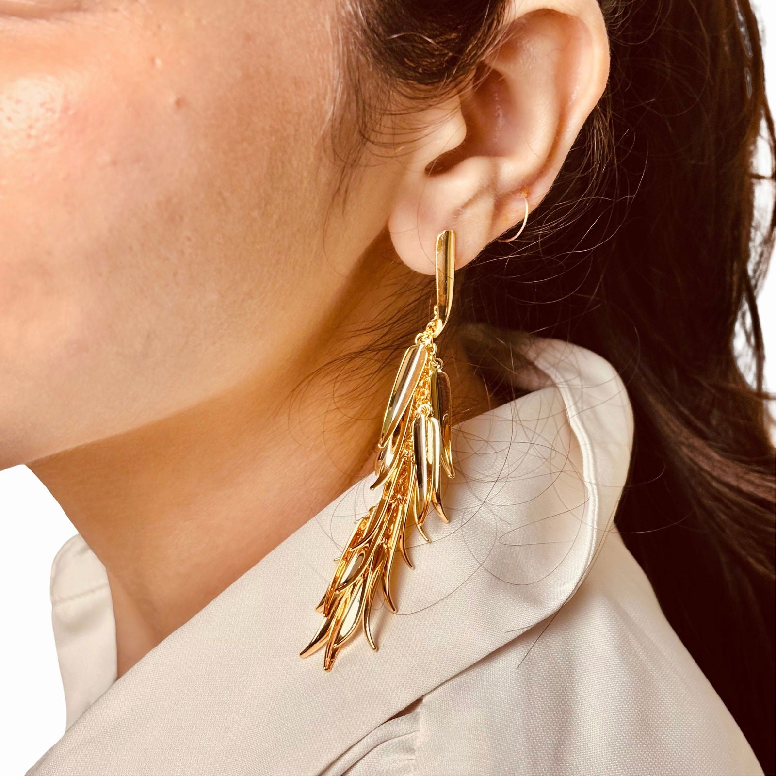 Model wearing long leaf tassel earrings – premium 18K gold plated stainless steel statement dangle earrings birthday gift under 2000 - waterproof 18K gold plated tassel chandalier dangle party earrings anniversary gift for her under 2000 - Rakhi gifts for sister under 2000 - jewelry Raksha Bandhan gifts - gold earrings under 1500