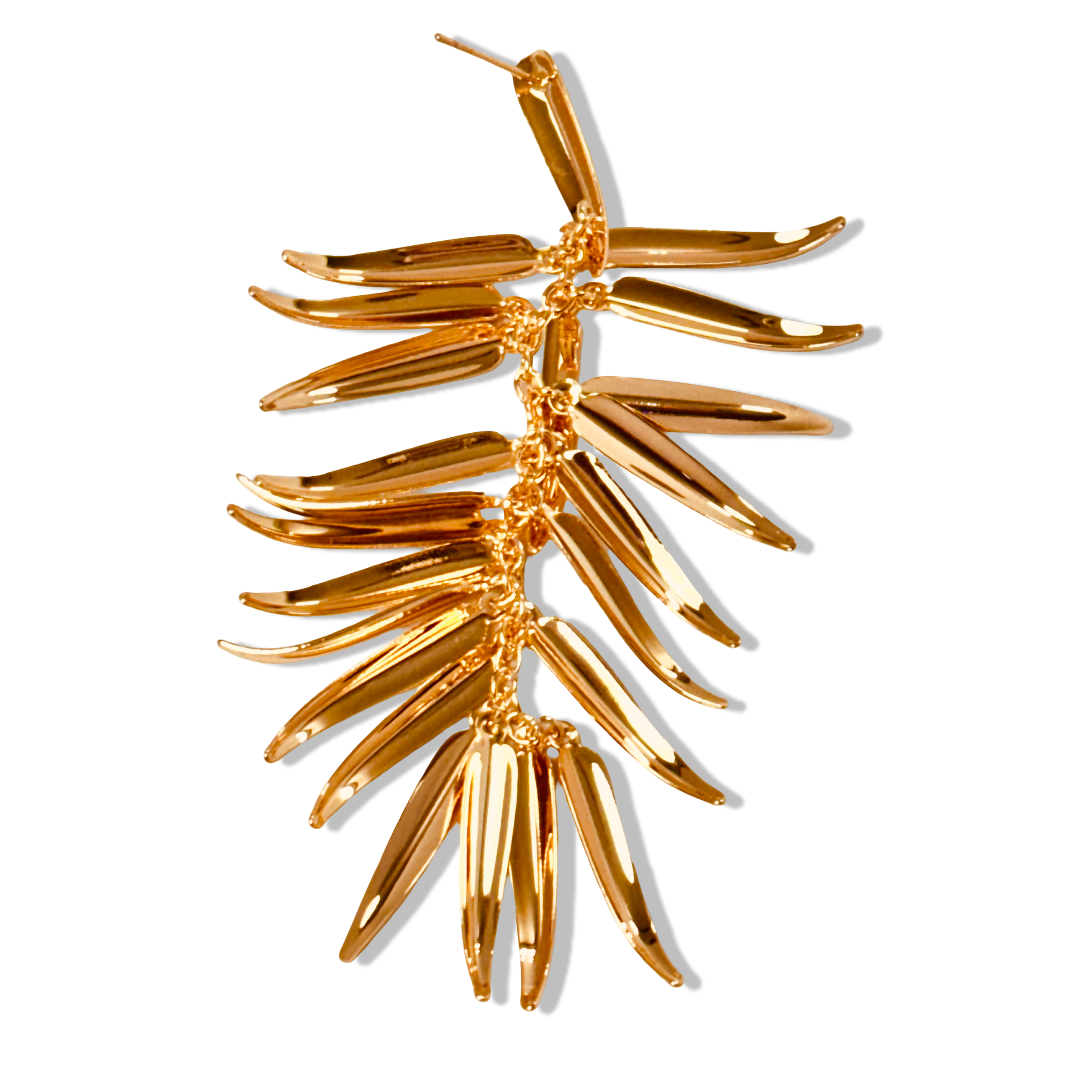 Close-up of leaf charms and chain tassel detail showing structure and texture - Statement elegant gold plated earrings - hypoallergenic anti‑tarnish waterproof nickel‑free lead‑free gold plated earrings - scratch‑resistant fade‑resistant water‑resistant gold plated earrings