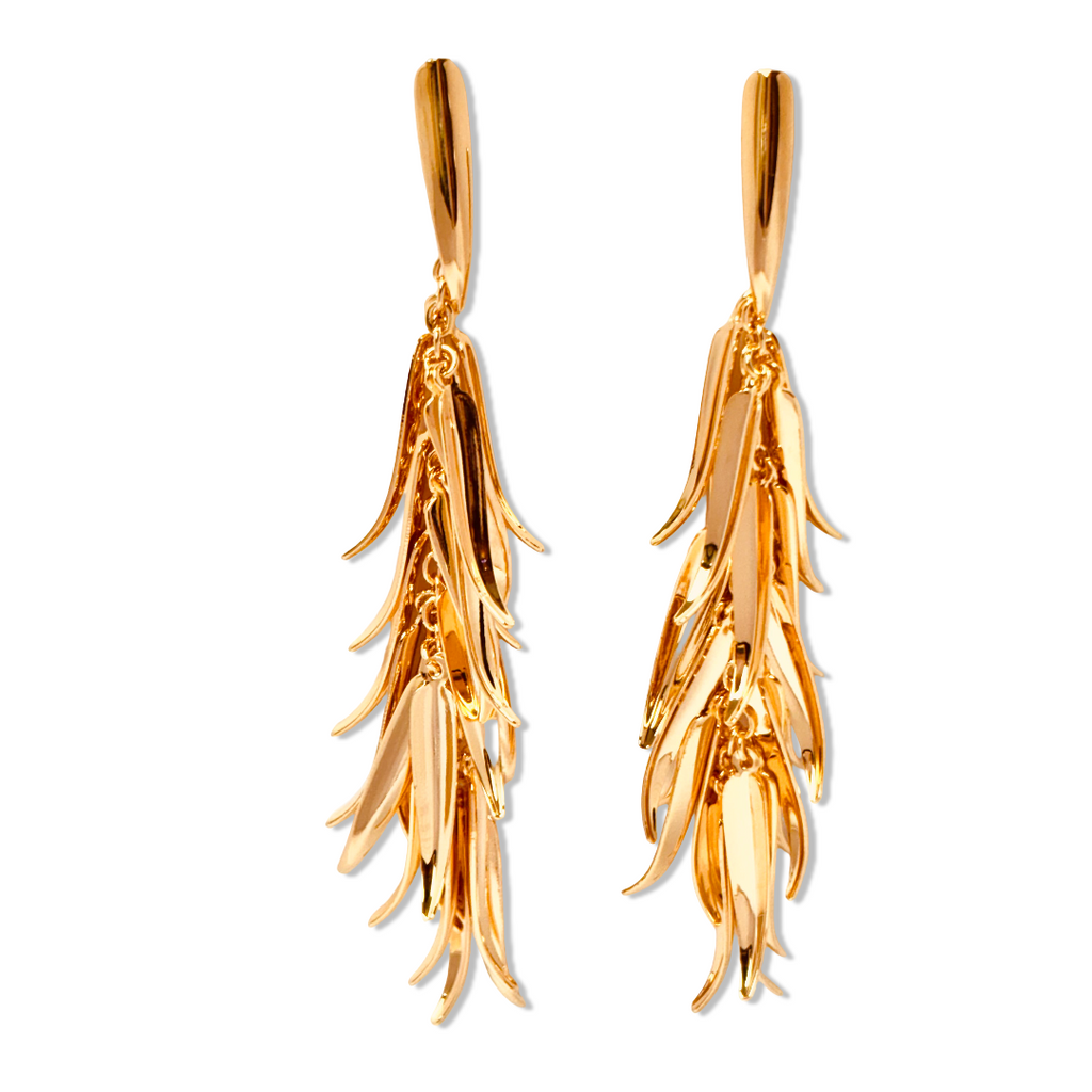 Close-up of Flat-lay of multi-leaf tassel earrings – natural flow and form - Statement elegant gold plated earrings - hypoallergenic anti‑tarnish waterproof nickel‑free lead‑free gold plated earrings - scratch‑resistant fade‑resistant water‑resistant gold plated earrings