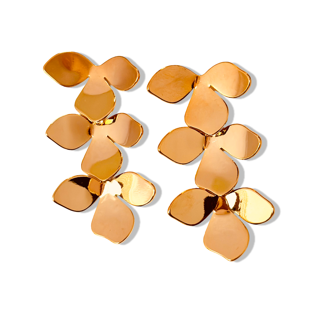 Close-up of clover petal shapes in polished gold finish highlighting shine and natural form - Statement elegant gold plated earrings - hypoallergenic anti‑tarnish waterproof nickel‑free lead‑free gold plated earrings - scratch‑resistant fade‑resistant water‑resistant gold plated earrings 