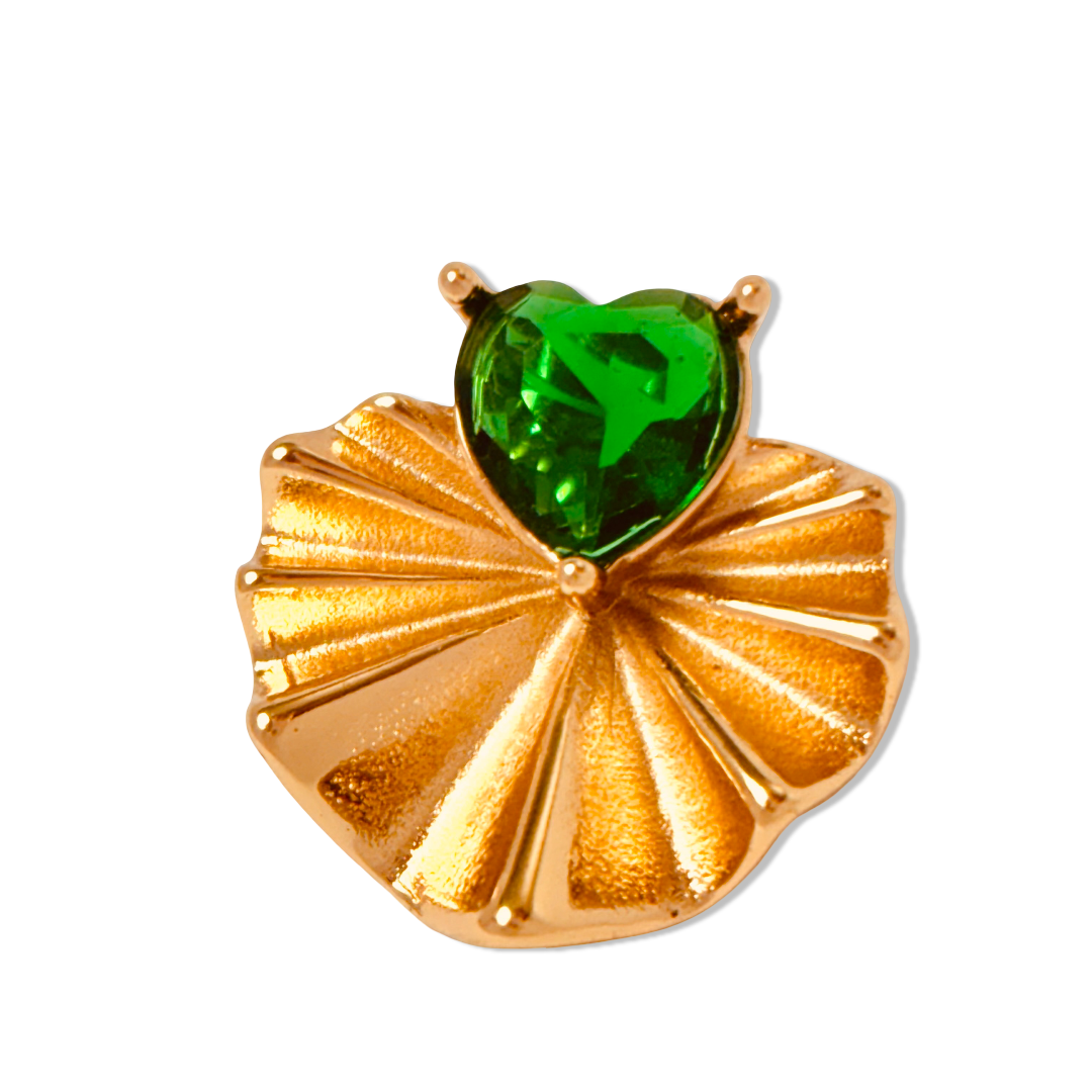 Close-up of flat-lay emerald-cut heart gemstone in gold setting - dainty chic minimalist elegant gold plated earrings - hypoallergenic anti‑tarnish waterproof nickel‑free lead‑free gold plated earrings - scratch‑resistant fade‑resistant water‑resistant gold plated earrings 