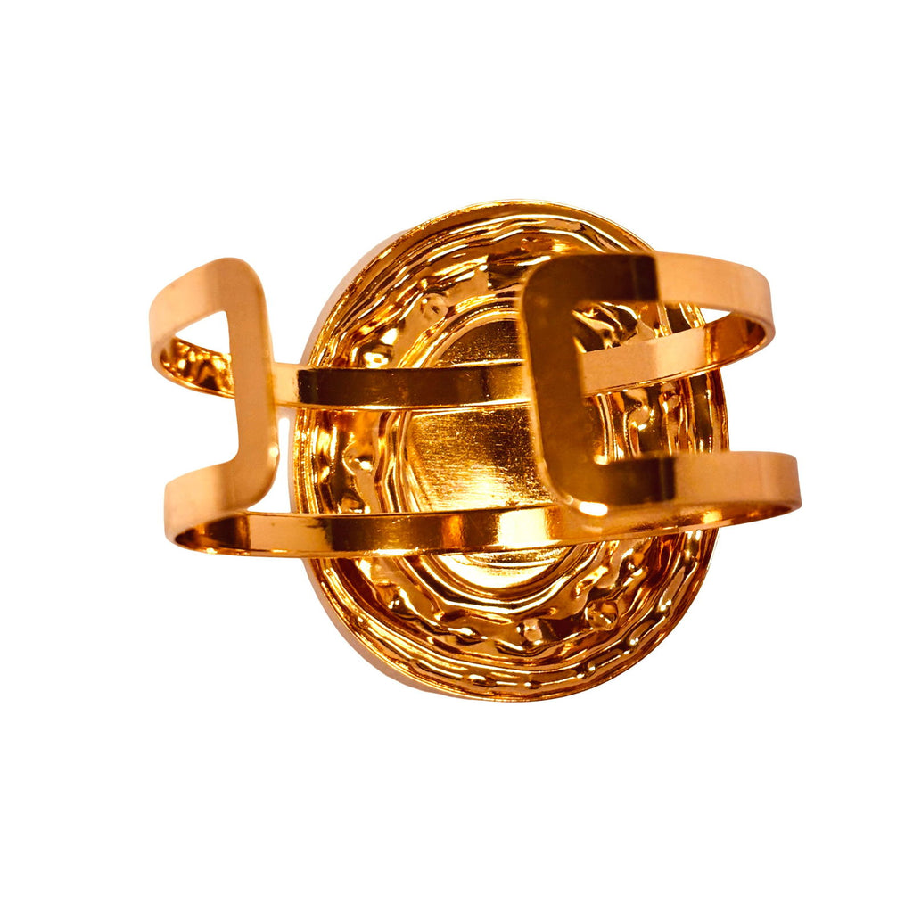 Back shot of 18K gold plated oversized pearl cuff bracelet – showcasing open bangle design with modern edge