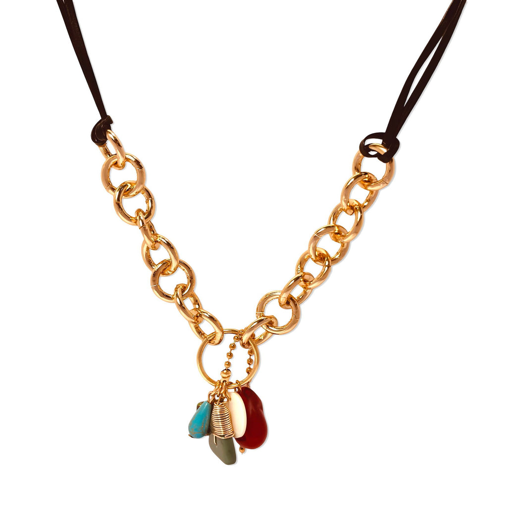 Flat-lay of multistone chord necklace – eclectic gold statement - Statement elegant gold plated necklace/pendant/choker - hypoallergenic anti‑tarnish waterproof nickel‑free gold plated necklace 