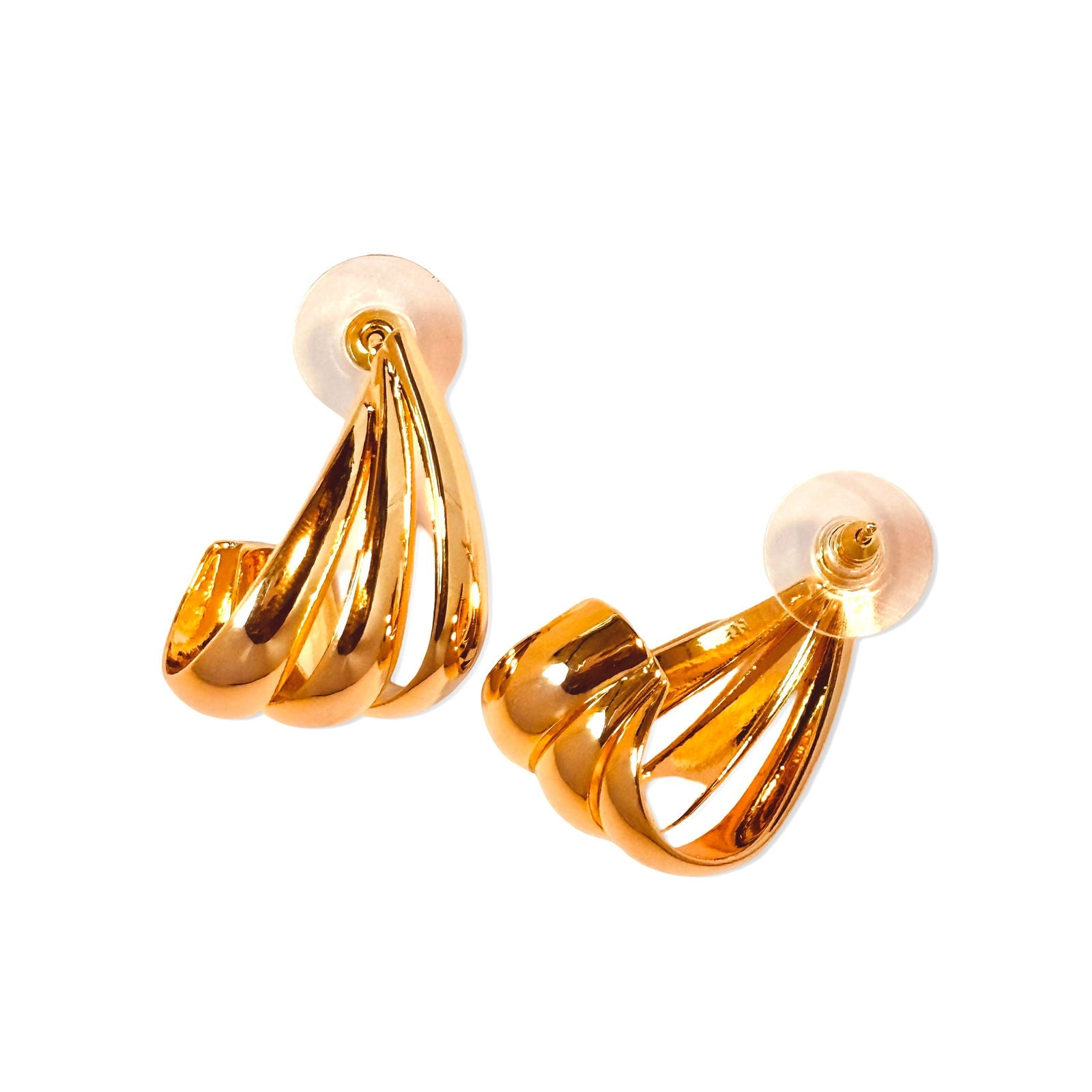 Angled image of multi-hoop stud earrings showing dimension and shine - dainty earring - minimalist studs - hypoallergenic gold-plated stud earrings - waterproof stainless steel gold-plated studs earrings - Rakhi gifts for sister under 2000