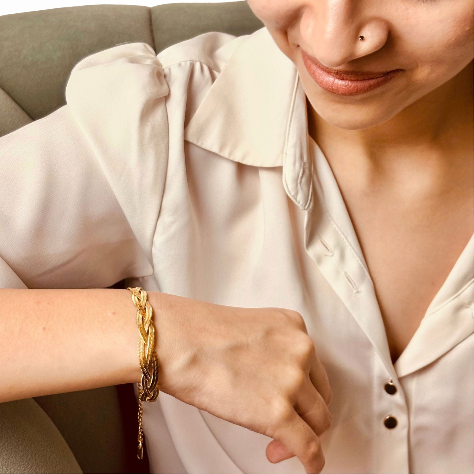 Model wearing braided snake bracelet – subtle daily elegance