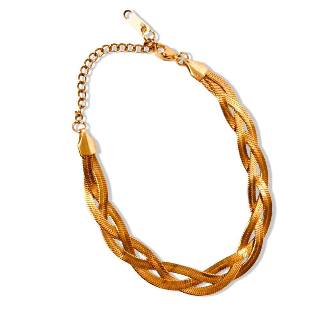 Flat-lay of hypoallergenic  18K gold plated stainless steel snake chain bracelet for office wear under 1500 - waterproof dainty gold bracelet gift for her under 2000 - Rakhi gifts for sister under 2000 - jewelry Raksha Bandhan gifts - gold bracelet under 2000