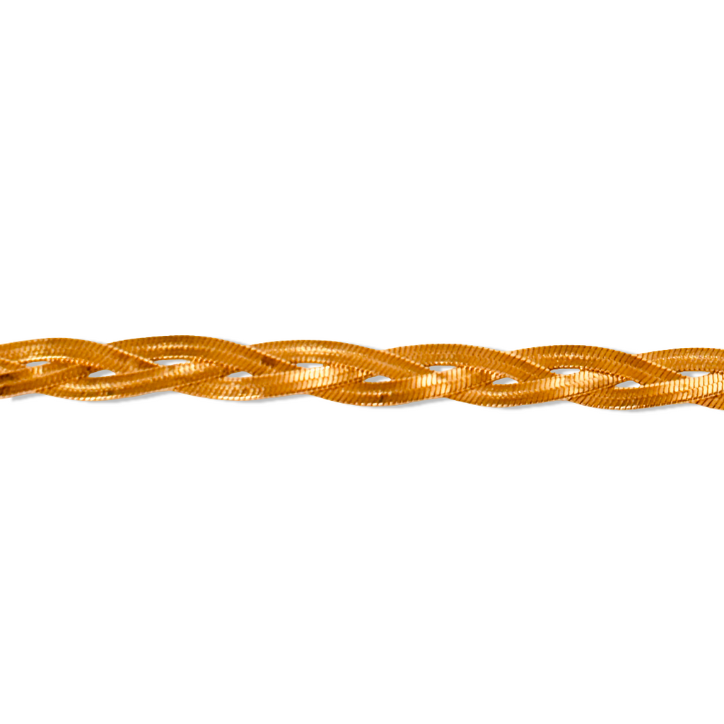 Front view of braided chain bracelet reflecting fine gold finish