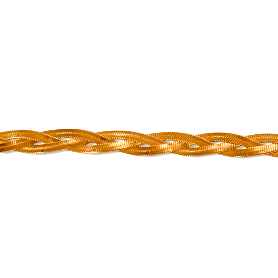 Front view of braided chain bracelet reflecting fine gold finish