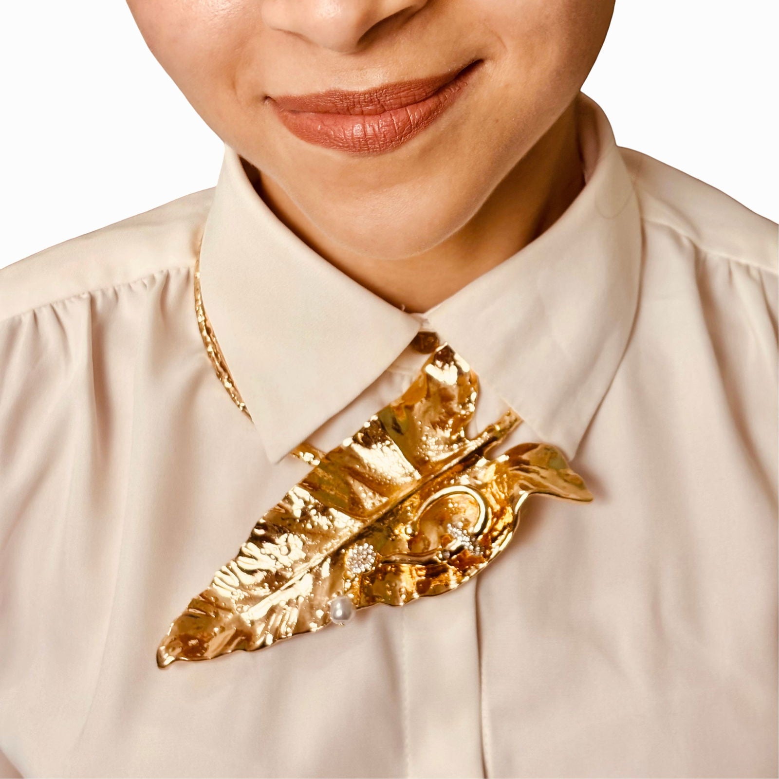 model wearing wedding ready baroque pearl and micro-crystal clustered oversized leaf choker - premium anti-tarnish 18K gold plated brass choker necklace - Party ready Gold-Plated Brass Leaf Choker with Baroque Pearls & Crystals – Heavy Statement Necklace - waterproof hypoallergenic 18K gold plated brass hasli necklace