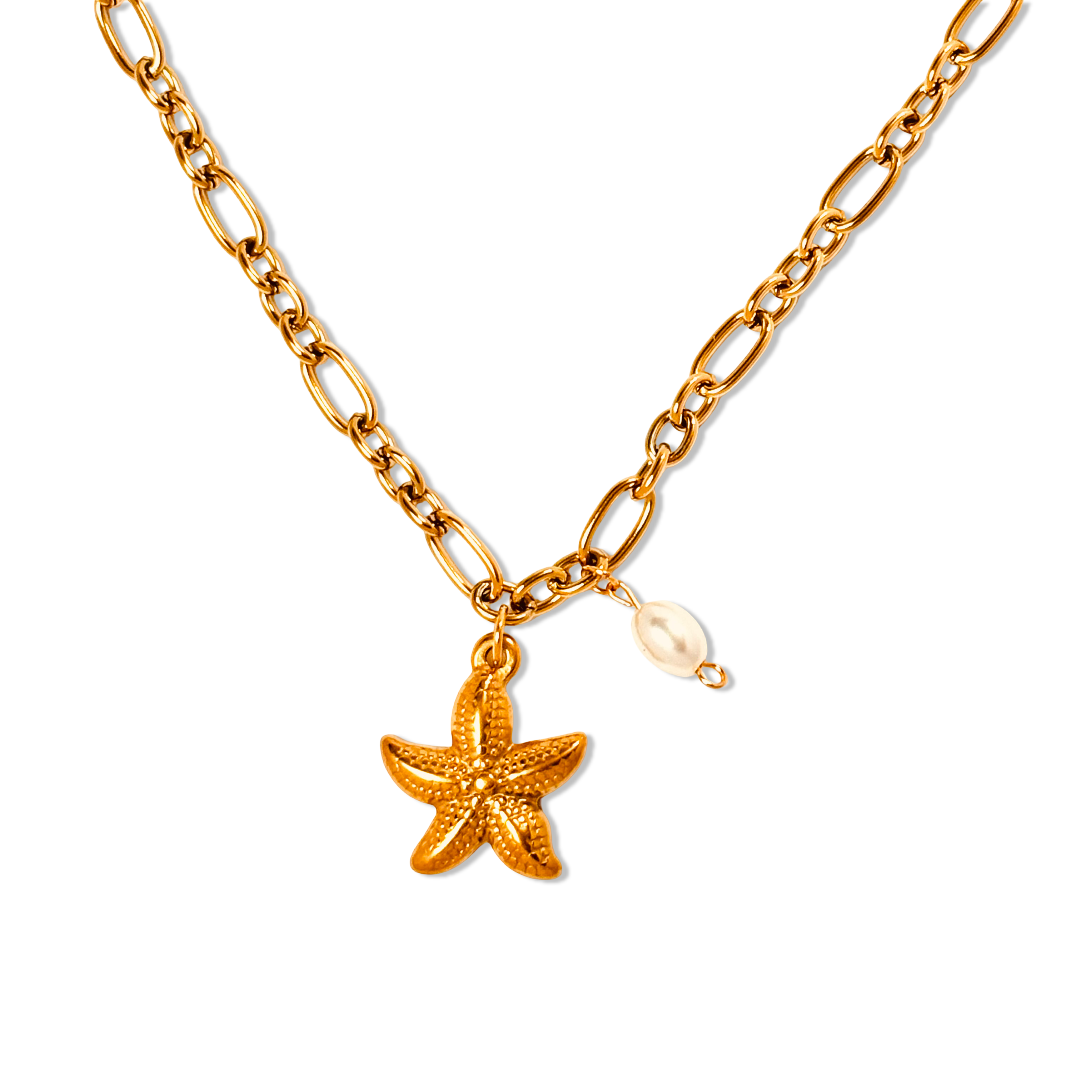Close-up of starfish charm and baroque pearl necklace - dainty chic minimalist elegant gold plated necklace/pendant/choker - hypoallergenic anti‑tarnish waterproof nickel‑free gold plated necklace