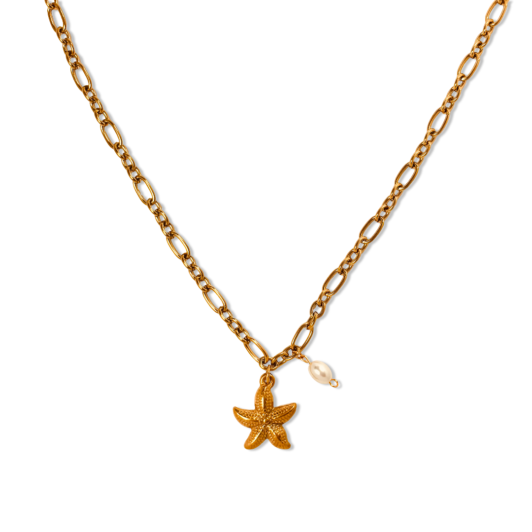 Front shot of starfish and baroque pearl minimal necklace showcasing gold chain link, pearl and starfish in 18K gold plating - dainty chic minimalist elegant gold plated necklace/pendant/choker - hypoallergenic anti‑tarnish waterproof nickel‑free gold plated necklace - beach boho style