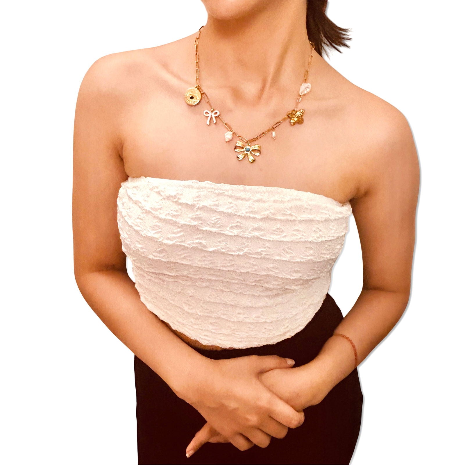 Model's front shot wearing anti-tarnish evil eye and bow charm gold-plated baroque pearl charm necklace birthday gift for her under 2000 - waterproof dainty minimalist gold plated stainless steel charm necklace anniversary gifts ideas under 2000 - hypoallergenic gold necklace festive gifts idea under 2000 - Rakhi gifts for sister under 2000 - jewelry Raksha Bandhan gifts