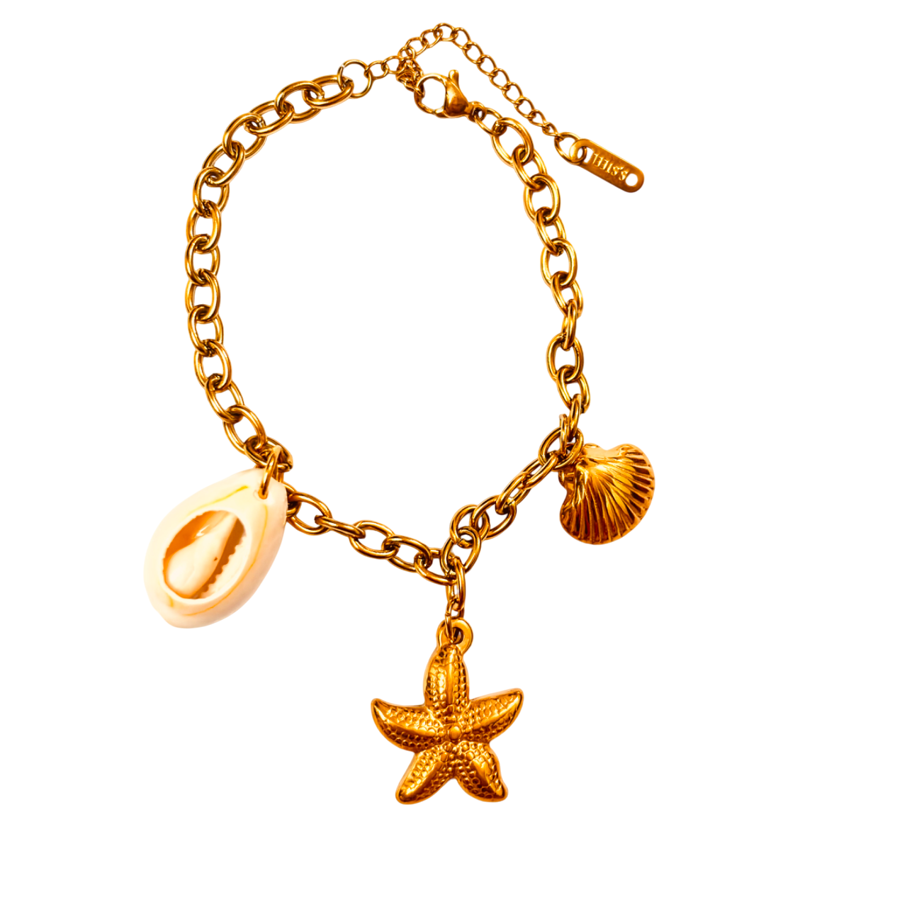 Close-up of 18K gold-plated starfish and cowrie shell charm bracelet with link chain and clasp - beach accessory - dainty starfish and shell 18K gold plated stainless steel charm bracelet festive gift for her under 2000 - hypoallergenic anti‑tarnish waterproof gold plated bracelet anniversary gift for her under 2000 - Rakhi gifts for sister under 2000 - jewelry Raksha Bandhan gifts