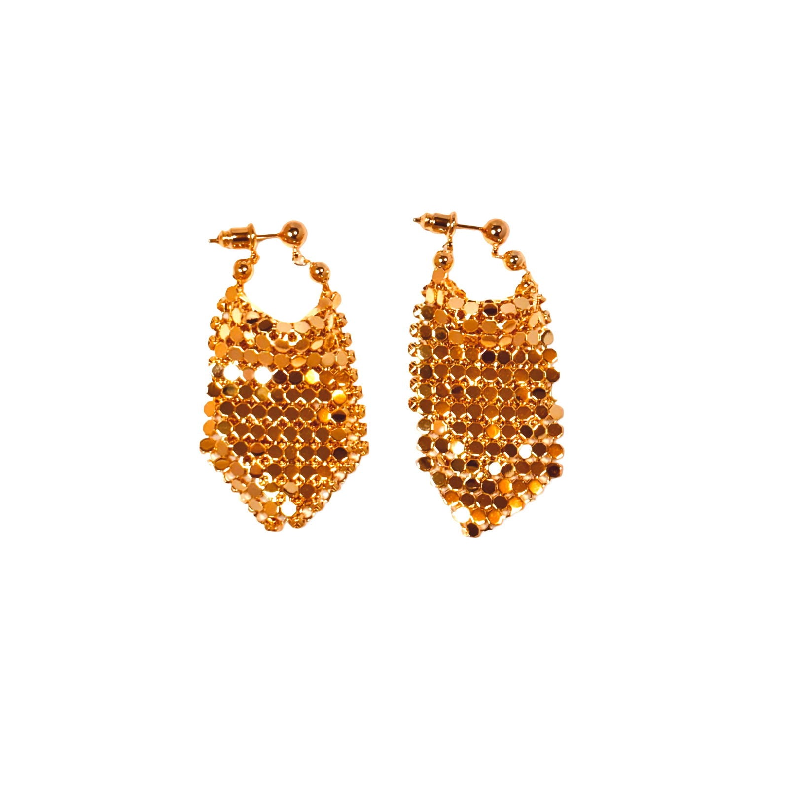 flat lay on white background of anti-tarnish festive mesh statement earrings gift for her under 2000 - hypoallergenic elegant 18K gold plated stainless steel statement party dangle earrings birthday gift under 2000 - waterproof 18K gold plated tassel wedding dangle chandalier earrings anniversary gift for her under 2000 - Rakhi gifts for sister under 2000 - jewelry Raksha Bandhan gifts - gold earrings under 1500