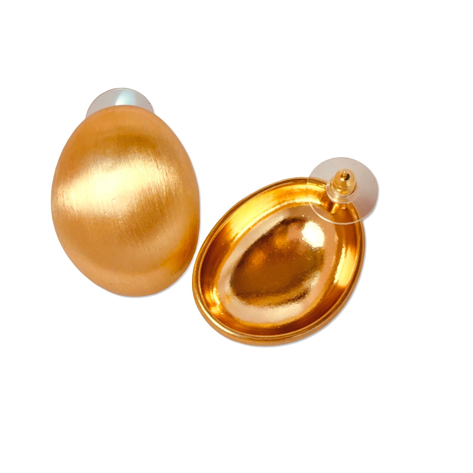 Close-up of Flat-lay Oval egg stud earrings – minimalist 18K gold-plated domes - dainty chic minimalist elegant gold plated stainless steel earrings - nickel‑free lead‑free gold plated earrings - scratch‑resistant fade‑resistant water‑resistant gold plated earrings - 18K gold plated stainless steel anti-tarnish waterproof hypoallergenic oversized studs