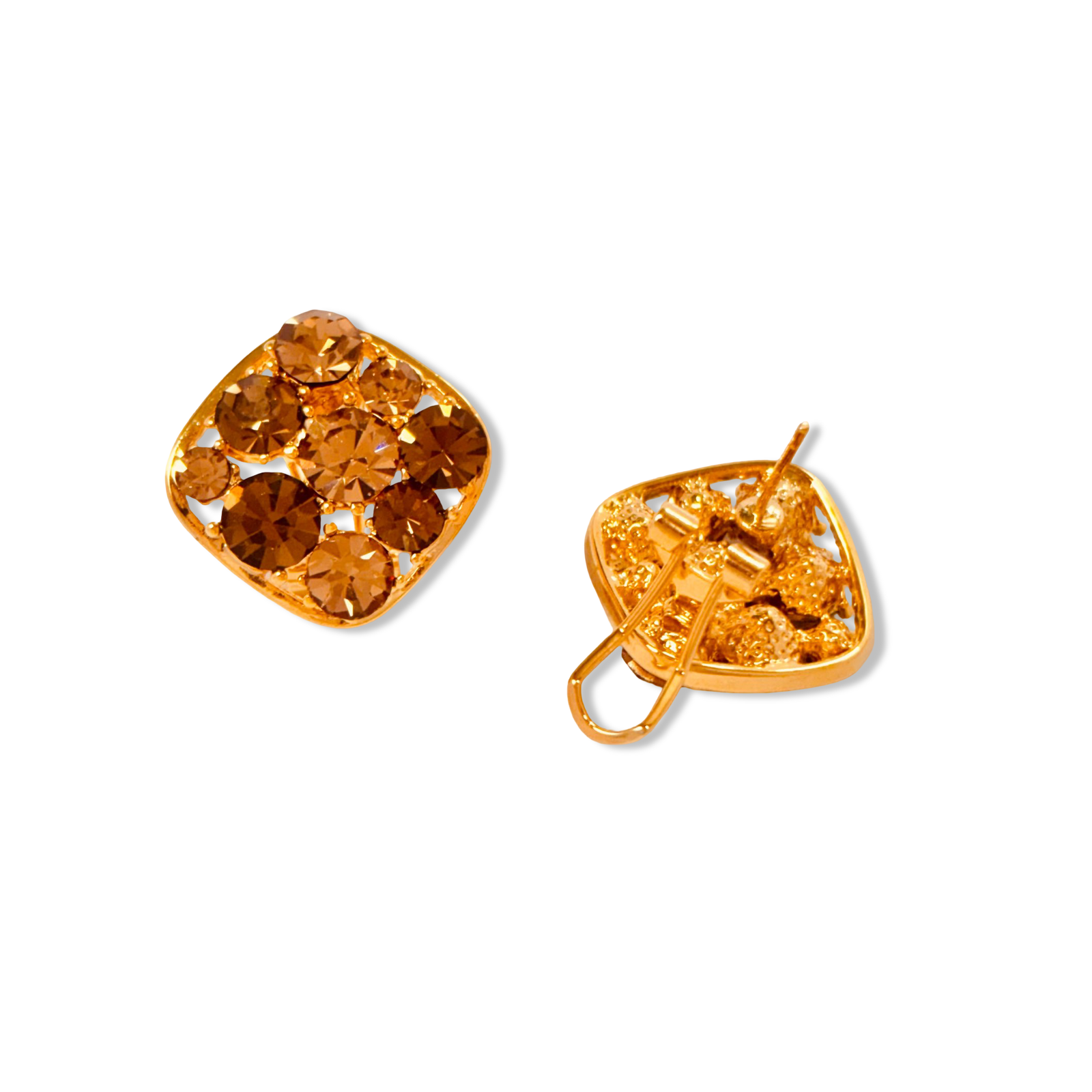 Flat lay of waterproof festive Austrian crystal clip-on studs gold plated stainless steel earring gift for her under 2000 - anti tarnish premium 18K gold plated stainless steel crystal earrings festive gift for her under 2000 - hypoallergenic dainty 18K gold plated stainless steel earrings birthday anniversary gift for her under 1500 -  - Rakhi gifts for sister under 2000 - jewelry Raksha Bandhan gifts - gold studs under 1500