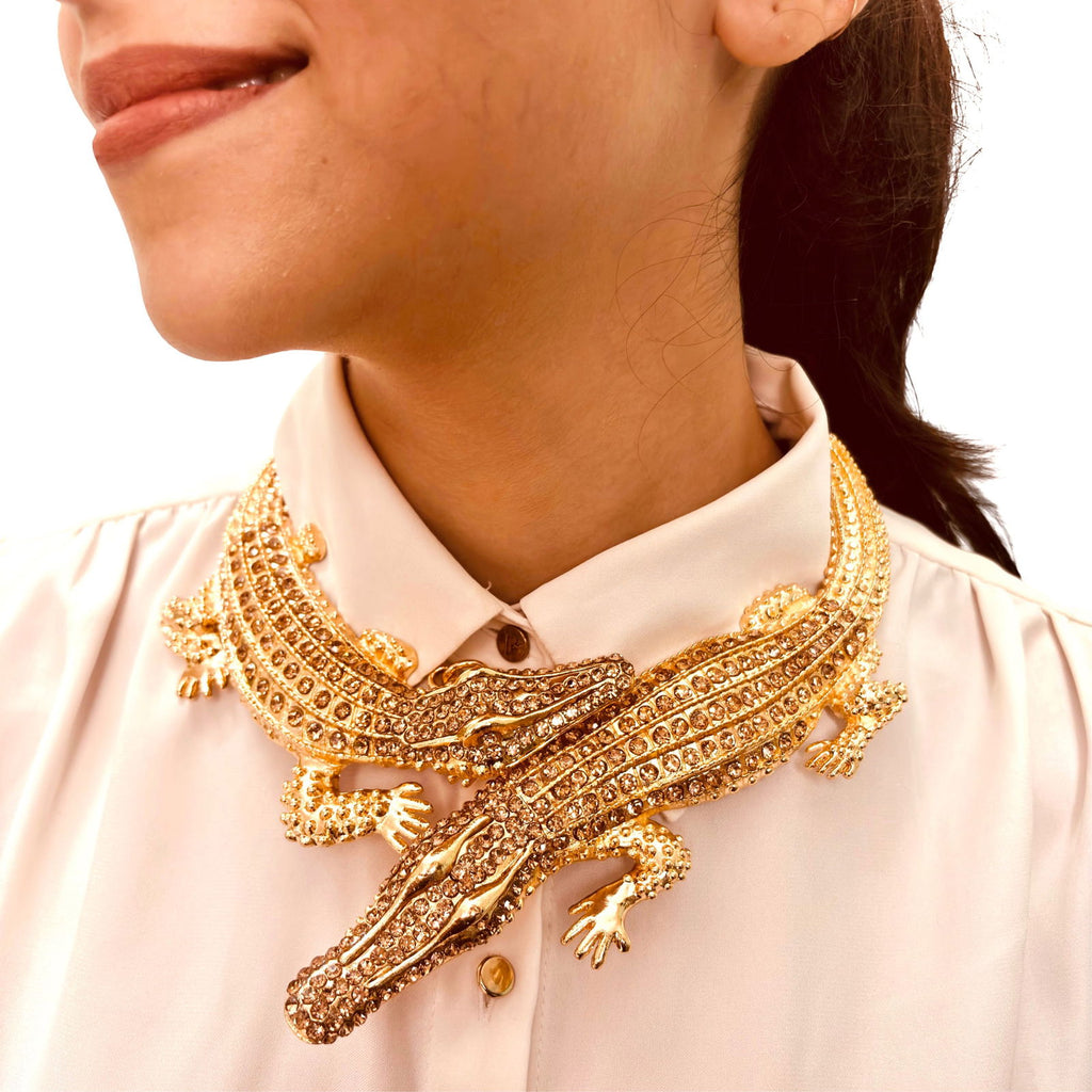 Model wearing 18K gold-plated double crocodile premium 18k gold plated necklace – bold choker - Statement elegant hasli- hypoallergenic waterproof nickel‑free  anti‑tarnish necklace 