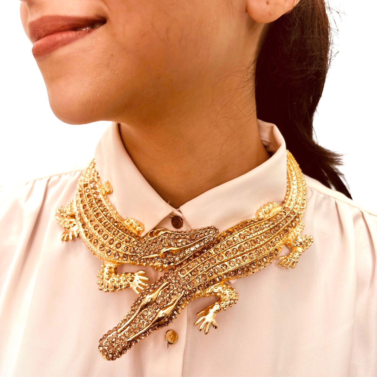 Model wearing 18K gold-plated double crocodile premium 18k gold plated necklace – bold choker - Statement elegant hasli- hypoallergenic waterproof nickel‑free  anti‑tarnish necklace 