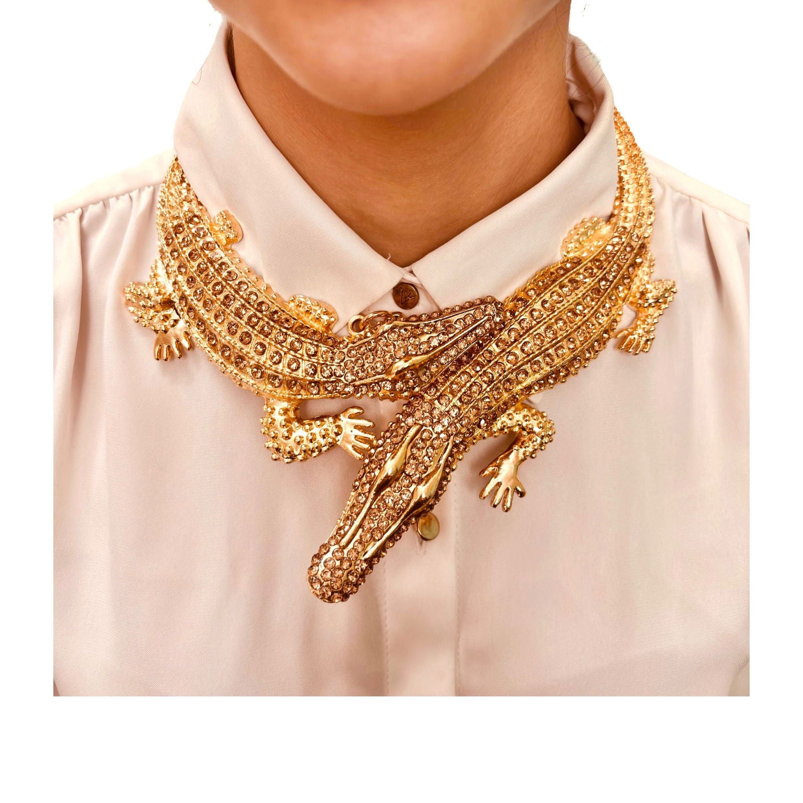 Front shot of model wearing brass hasli necklace showing crystal studded crocodile texture and reflective gold shine - Bold statement elegant gold plated choker - hypoallergenic anti‑tarnish waterproof nickel‑free gold plated necklace 