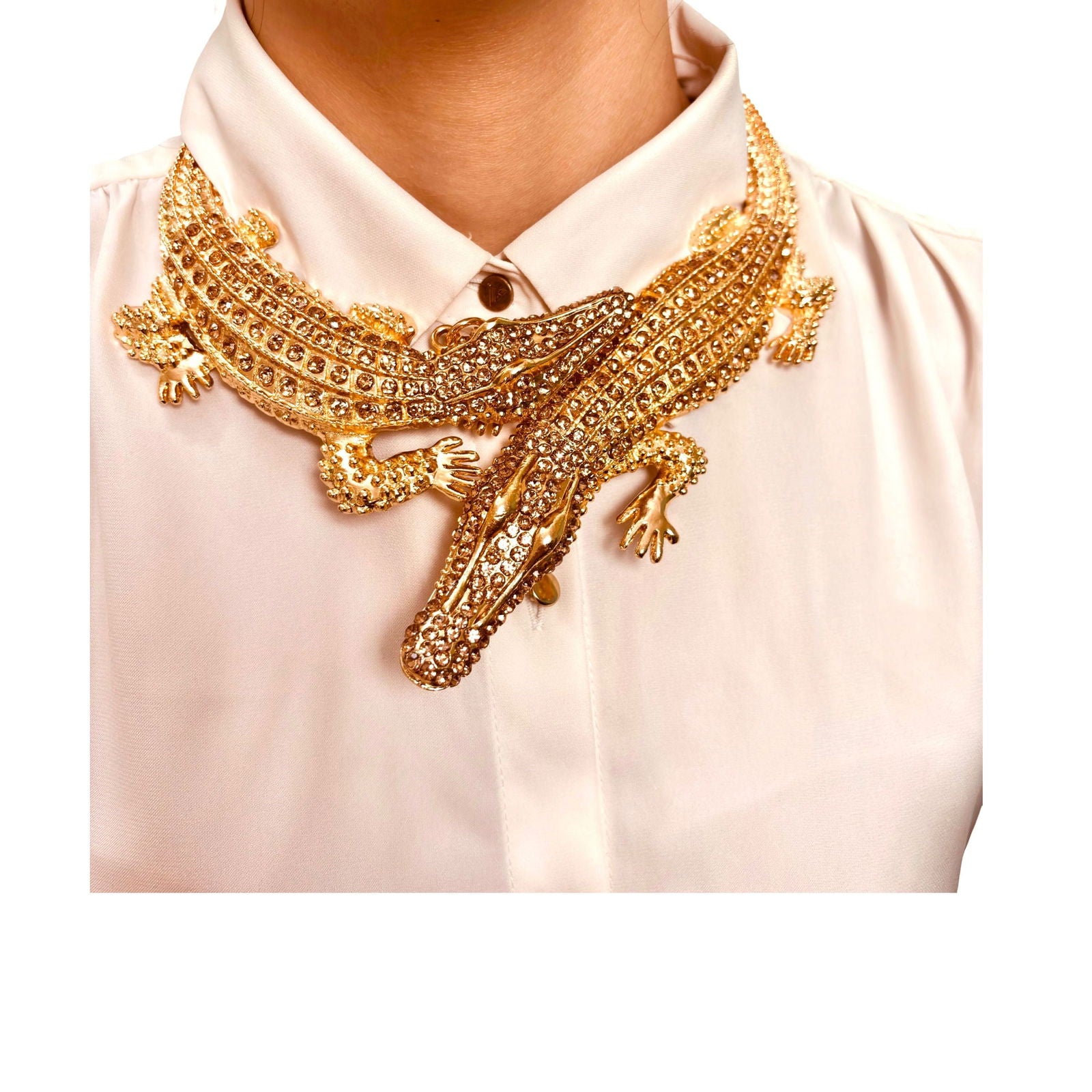 Model wearing double crocodile brass hasli – bold layered gold look - Statement elegant gold plated choker - hypoallergenic anti‑tarnish waterproof nickel‑free gold plated necklace