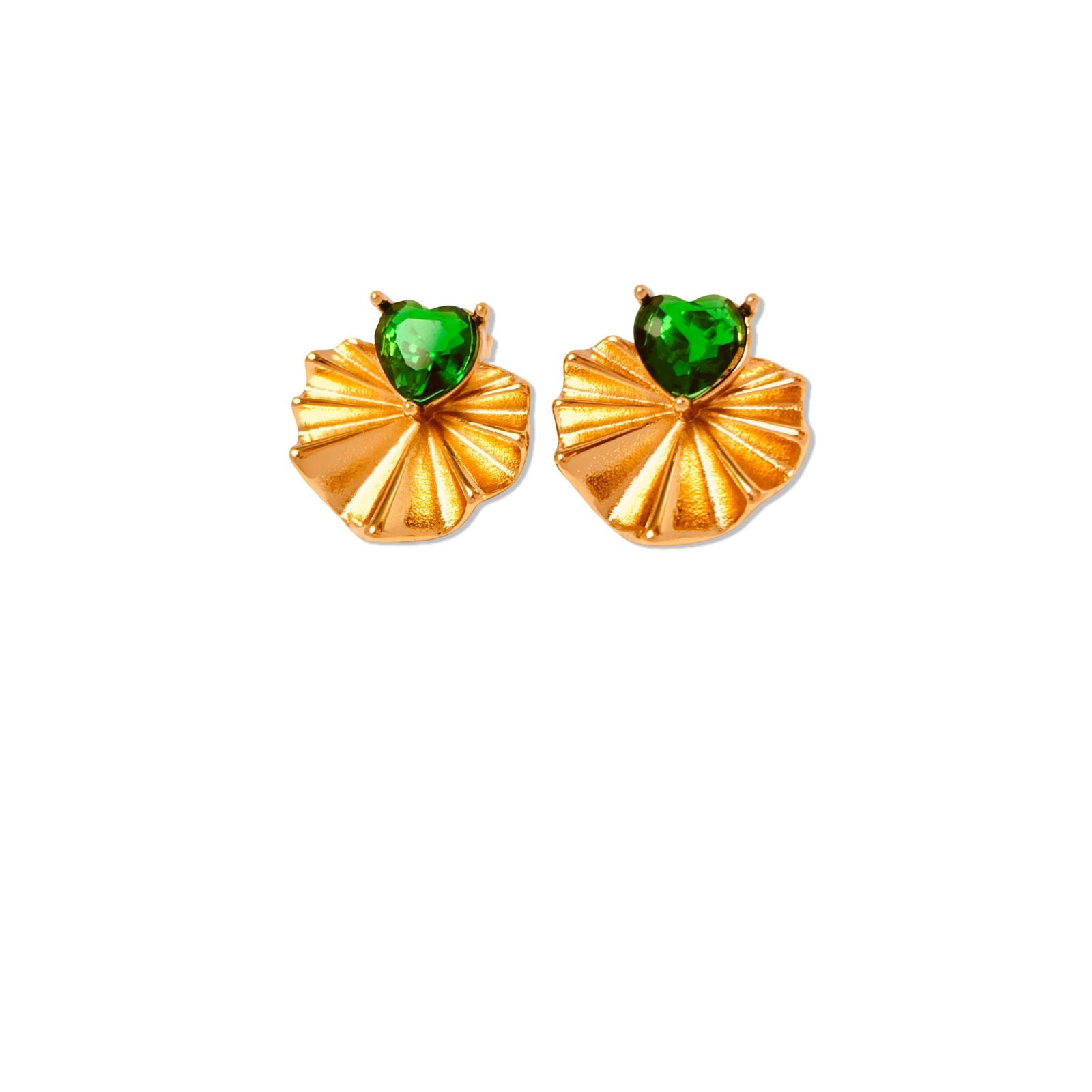 Fla-lay of Emerald heart earrings – 18K gold-plated studs with deep green crystal - dainty chic minimalist elegant gold plated earrings - hypoallergenic anti‑tarnish waterproof nickel‑free lead‑free gold plated earrings - scratch‑resistant fade‑resistant water‑resistant gold plated earrings 