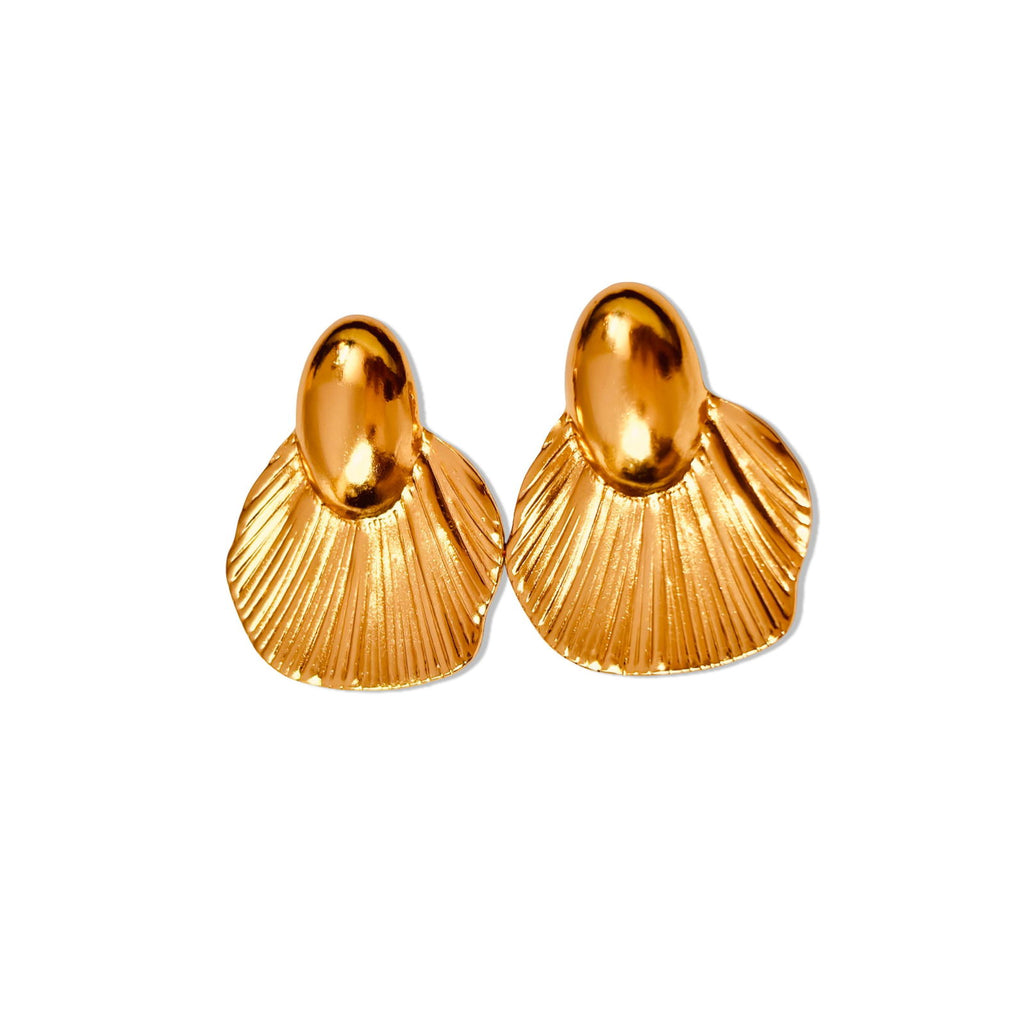 Flat-lay of large fish-tail studs with reflective gold finish - waterproof elegant oversized fish-tail studs gold plated stainless steel earring gift for her under 2000 - anti tarnish premium 18K gold plated stainless steel reflective studs earrings festive gift for her under 2000 - hypoallergenic office wear 18K gold plated stainless steel earrings birthday anniversary gift for her under 1500 - Rakhi gifts for sister under 2000 - jewelry Raksha Bandhan gifts - everyday gold studs under 1500