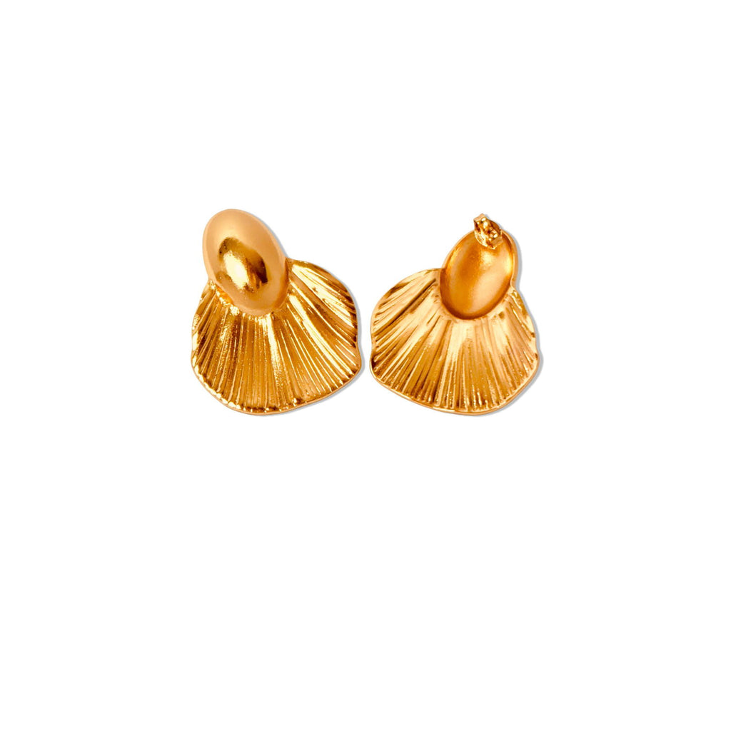 Flat lay on white background of large fish-tail studs with reflective gold finish - waterproof elegant oversized fish-tail studs gold plated stainless steel earring gift for her under 2000 - anti tarnish premium 18K gold plated stainless steel reflective studs earrings festive gift for her under 2000 - hypoallergenic office wear 18K gold plated earrings birthday anniversary gift for her under 1500 - Rakhi gifts for sister under 2000 - jewelry Raksha Bandhan gifts - everyday gold studs under 1500