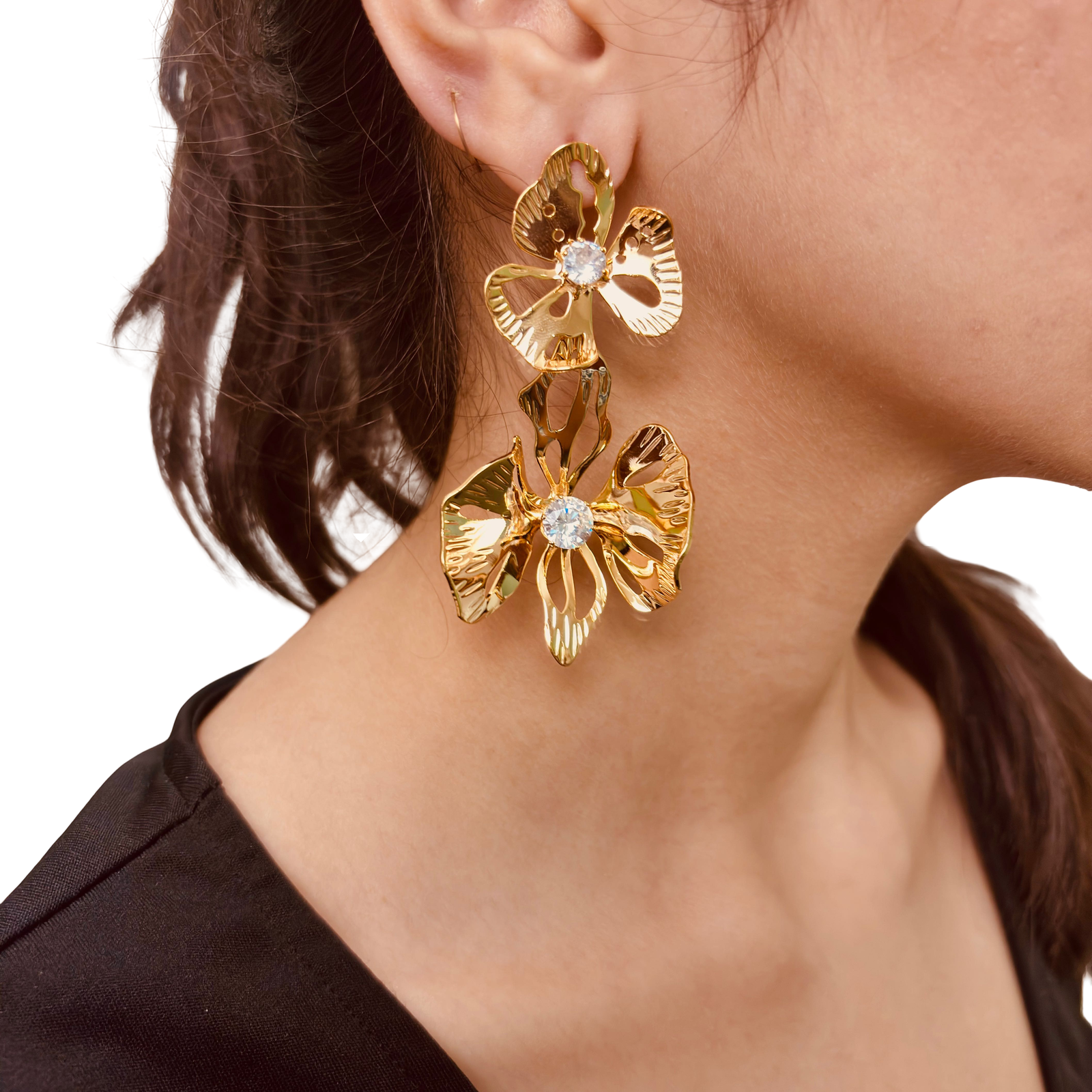 Model close-up shot wearing floral statement earrings – bold botanical elegance - Statement elegant gold plated earrings - hypoallergenic anti‑tarnish waterproof nickel‑free lead‑free gold plated earrings - scratch‑resistant fade‑resistant water‑resistant gold plated earrings