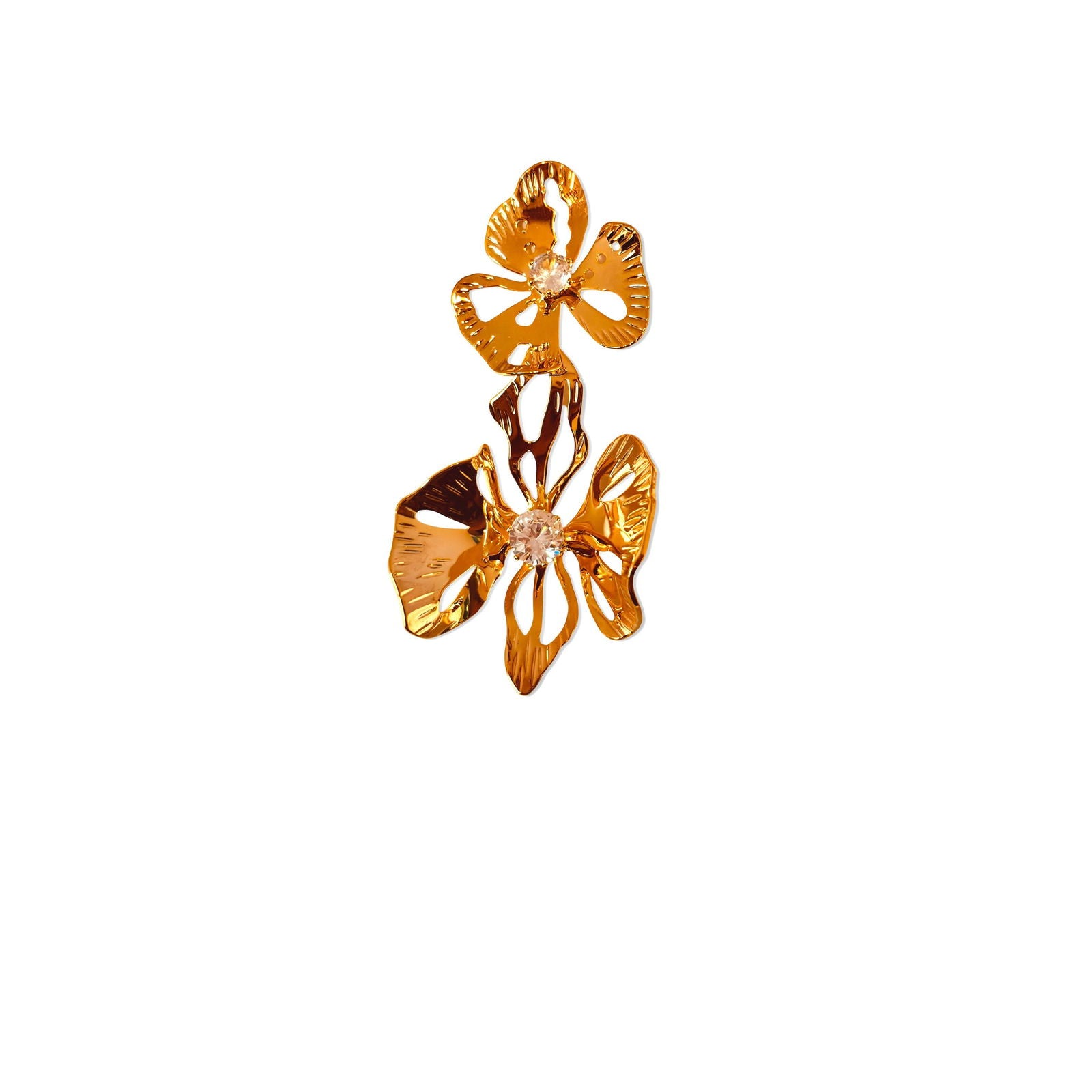 Flat-lay of oversized flower earrings – sculptural gold accessory - Statement elegant gold plated earrings - hypoallergenic anti‑tarnish waterproof nickel‑free lead‑free gold plated earrings - scratch‑resistant fade‑resistant water‑resistant gold plated earrings