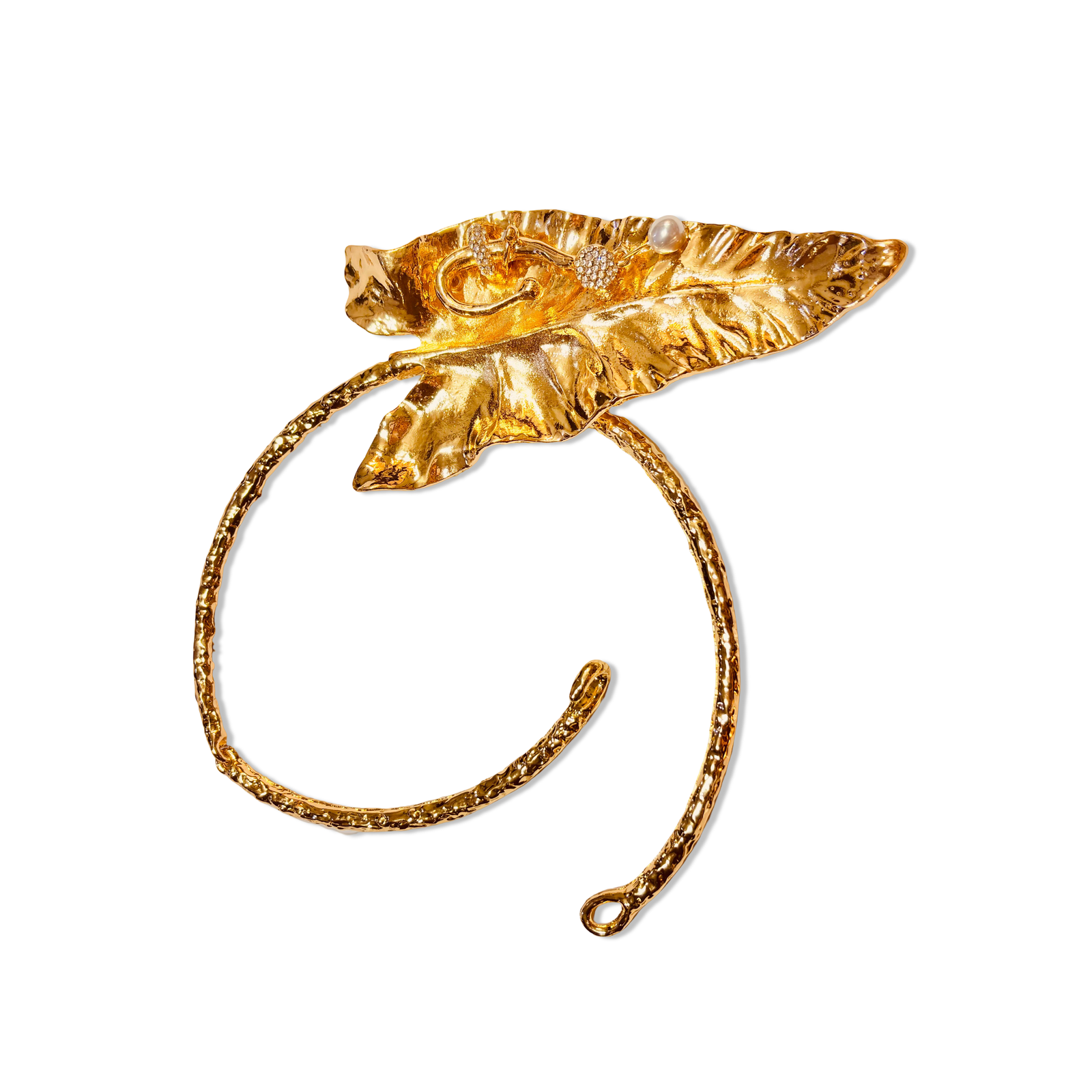 Flat-lay of golden leaf hasli necklace – nature-inspired statement piece - bold party statement necklace