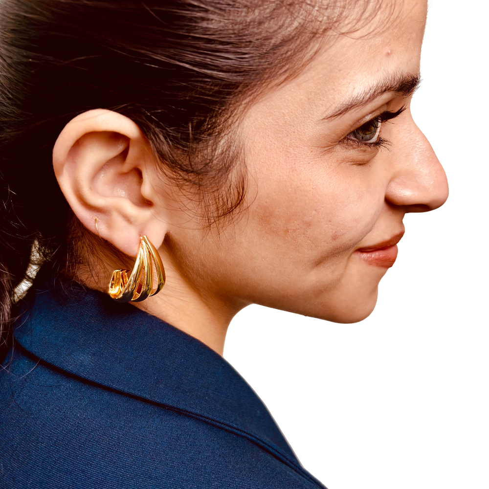 Model's back angle profile showing 18K gold plated layered stud earrings – anti-tarnish and water-resistant 