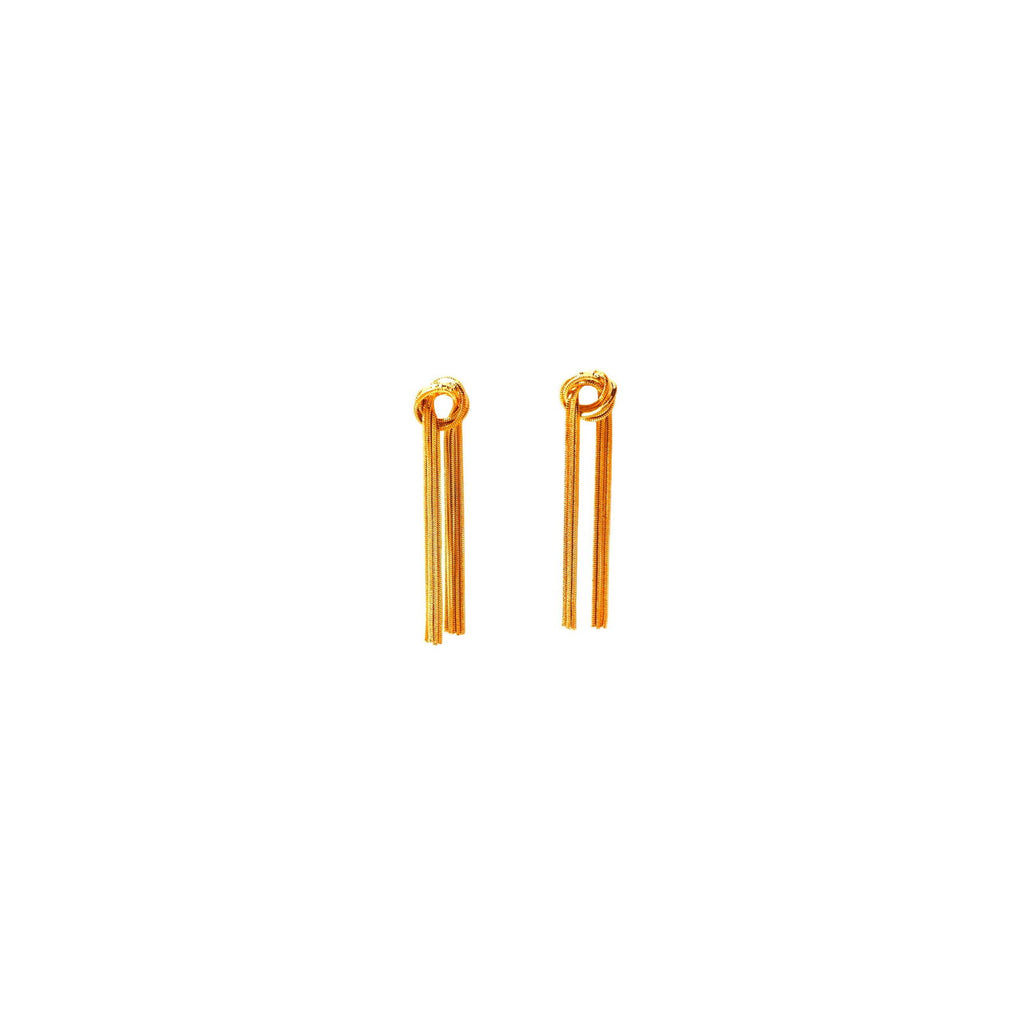 Flat lay of 18k gold plated glam anti-tarnish knot loop dangler - hypoallergenic gold plated knot loop statement earrings - waterproof long knot loop gold plated stainless steel dangle earrings
