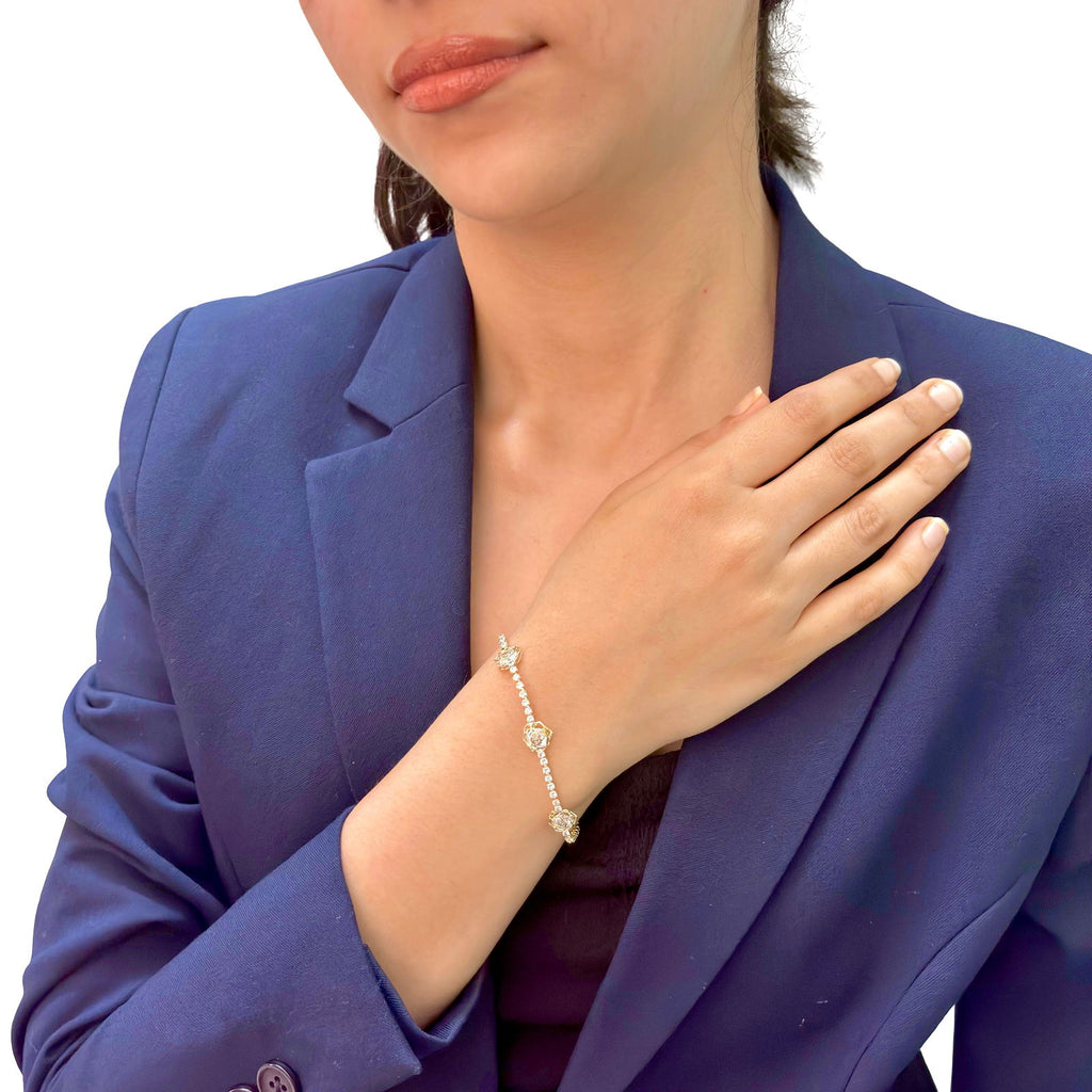 Model front profile showcasing gold plated tennis bracelet - hypoallergenic tennis bracelet waterproof - cz tennis bracelet waterproof - budget tennis bracelet stainless steel - tennis bracelet everyday wear