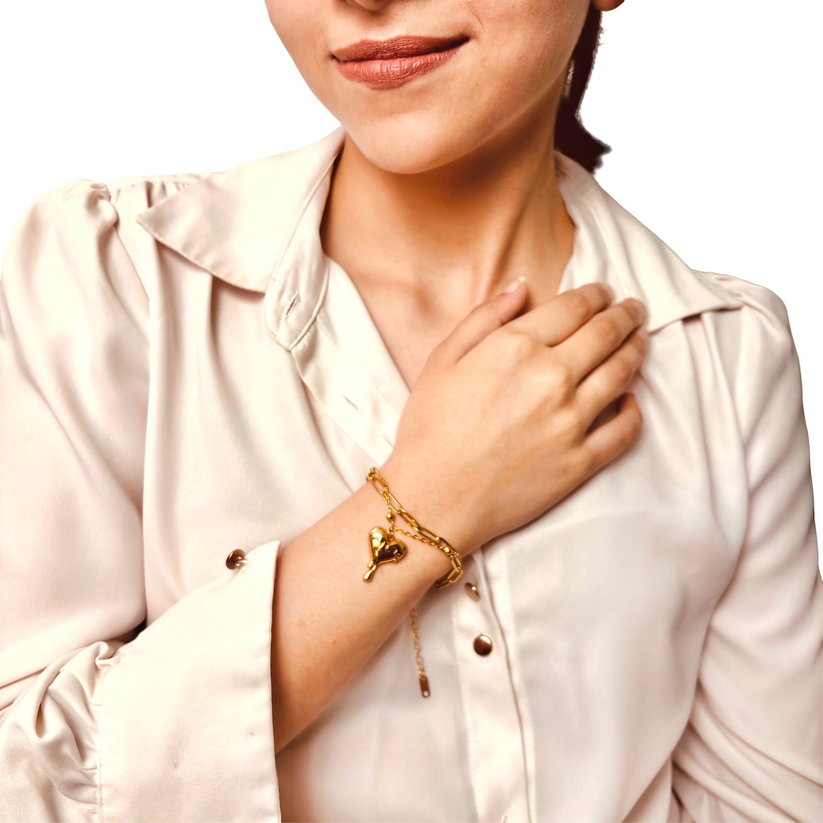 18K gold-plated melting heart bracelet – double-chain wrist accessory - dainty chic minimalist elegant gold plated bracelet - hypoallergenic anti‑tarnish waterproof nickel‑free lead‑free gold plated bracelet