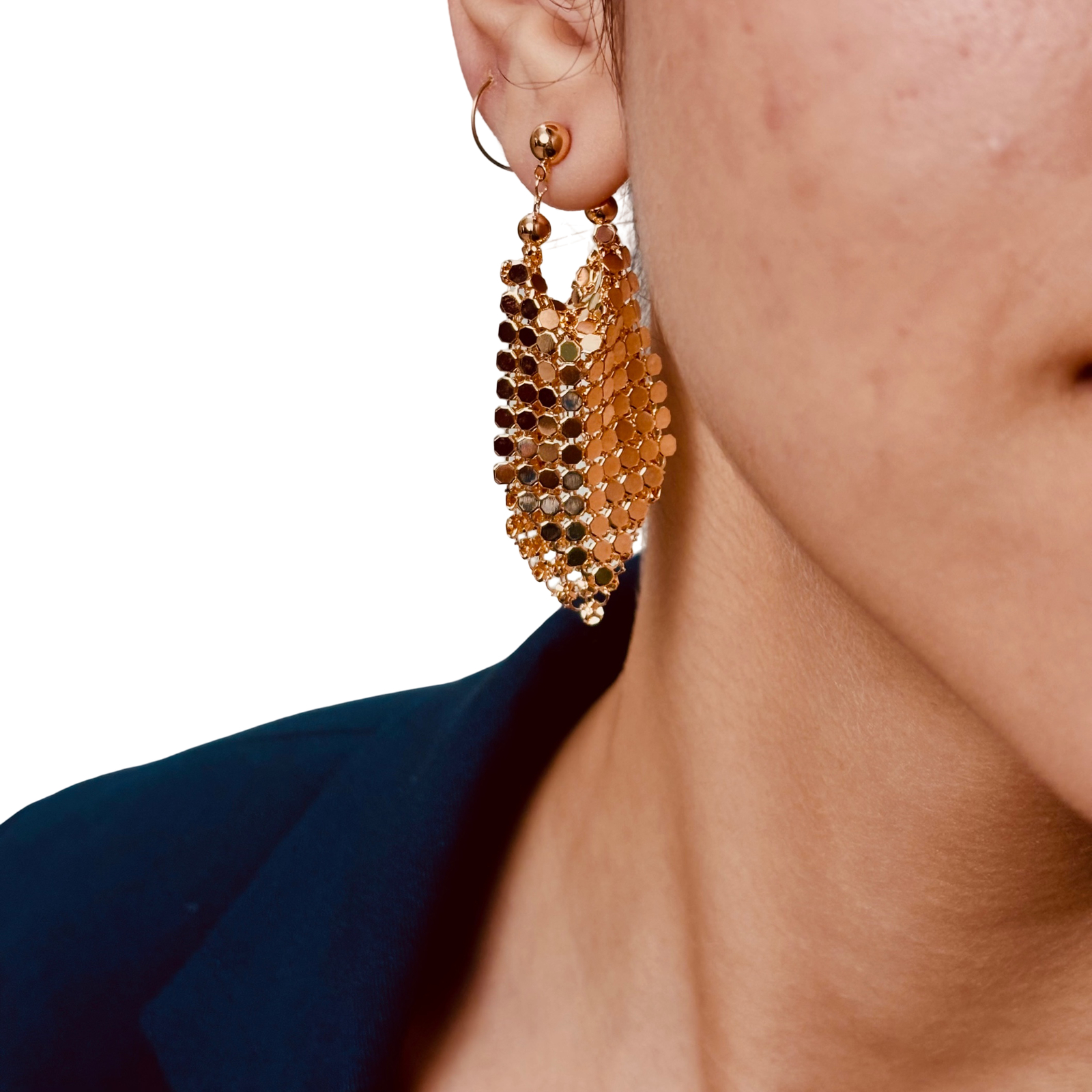Close-up shot of model wearing anti-tarnish festive mesh statement earrings gift for her under 2000 - hypoallergenic 18K gold plated stainless steel statement party dangle earrings birthday gift under 2000 - waterproof 18K gold plated tassel wedding dangle chandalier earrings anniversary gift for her under 2000 - Rakhi gifts for sister under 2000 - jewelry Raksha Bandhan gifts - gold earrings under 1500