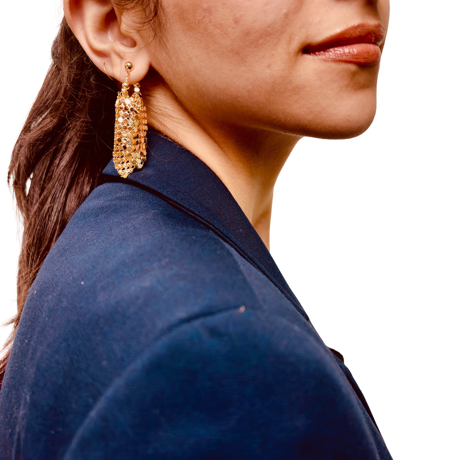 Model's Angled image highlighting shimmer anti-tarnish festive mesh statement earrings gift for her under 2000 - hypoallergenic elegant 18K gold plated stainless steel statement party dangle earrings birthday gift under 2000 - waterproof 18K gold plated tassel wedding dangle chandalier earrings anniversary gift for her under 2000 - Rakhi gifts for sister under 2000 - jewelry Raksha Bandhan gifts - gold earrings under 1500