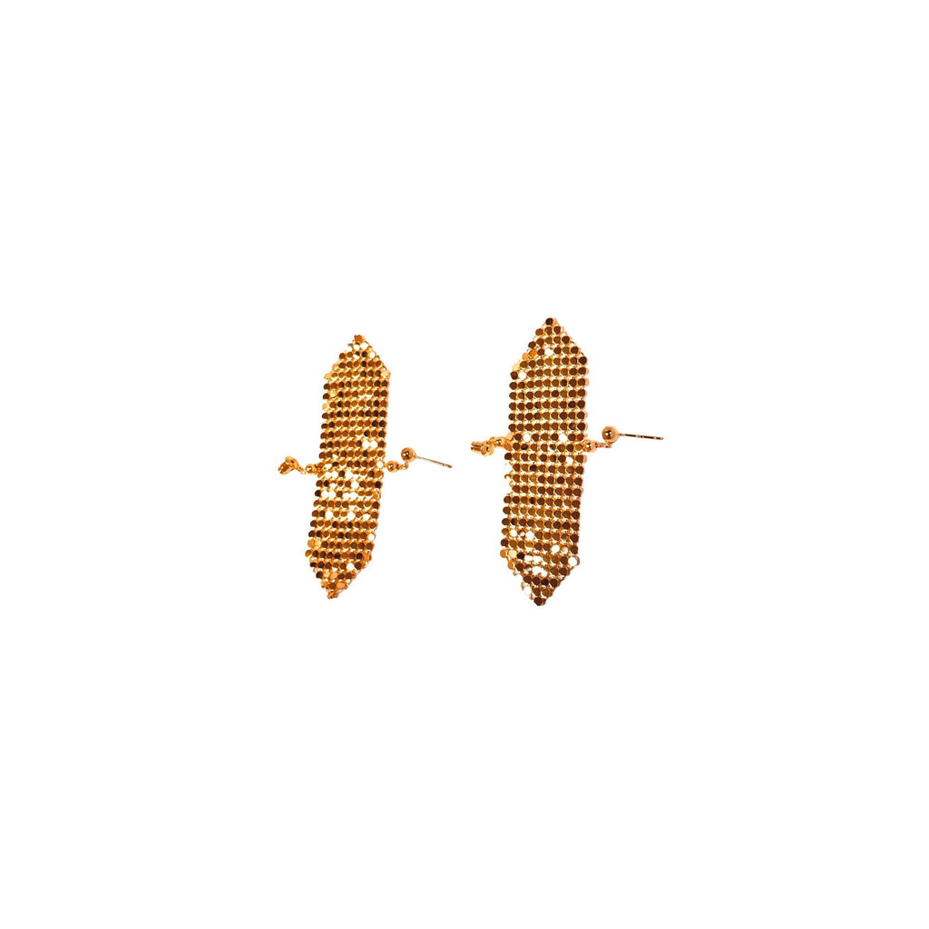 Flat lay of mesh earrings showing texture and structure - Statement elegant gold plated earrings - hypoallergenic anti‑tarnish waterproof nickel‑free lead‑free gold plated earrings - scratch‑resistant fade‑resistant water‑resistant gold plated earrings