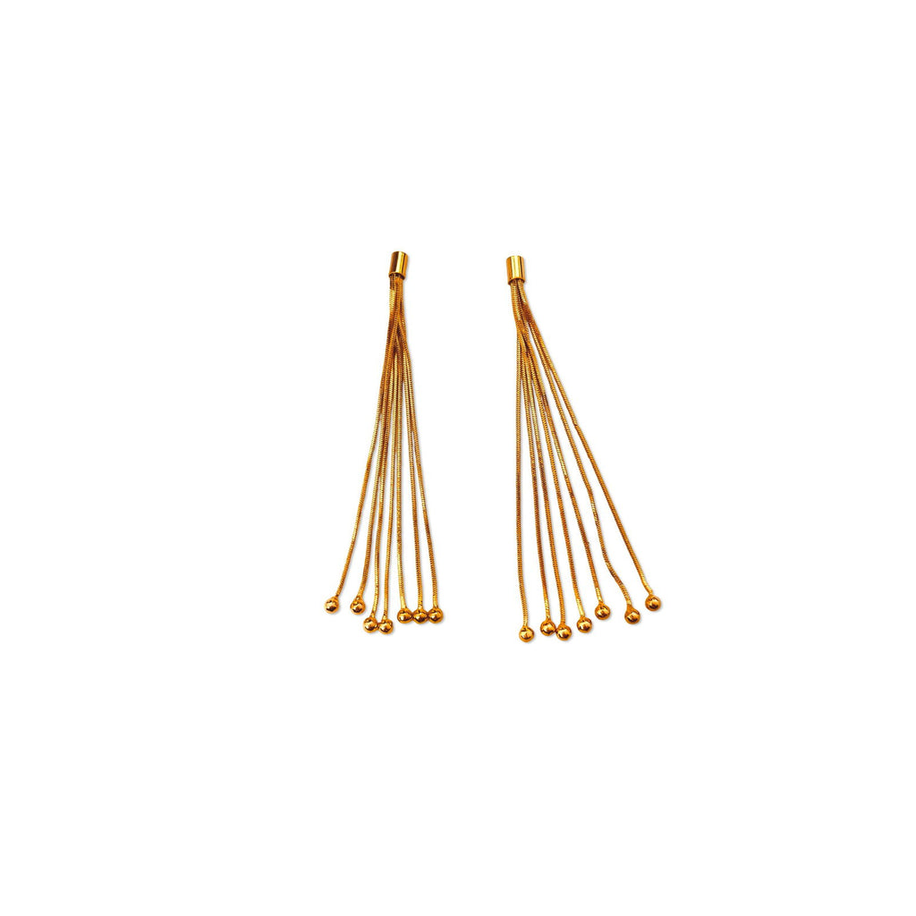 Long tassel earrings arranged flat on surface - Statement bold elegant gold plated earrings - hypoallergenic anti‑tarnish waterproof nickel‑free lead‑free gold plated earrings - scratch‑resistant fade‑resistant water‑resistant gold plated earrings