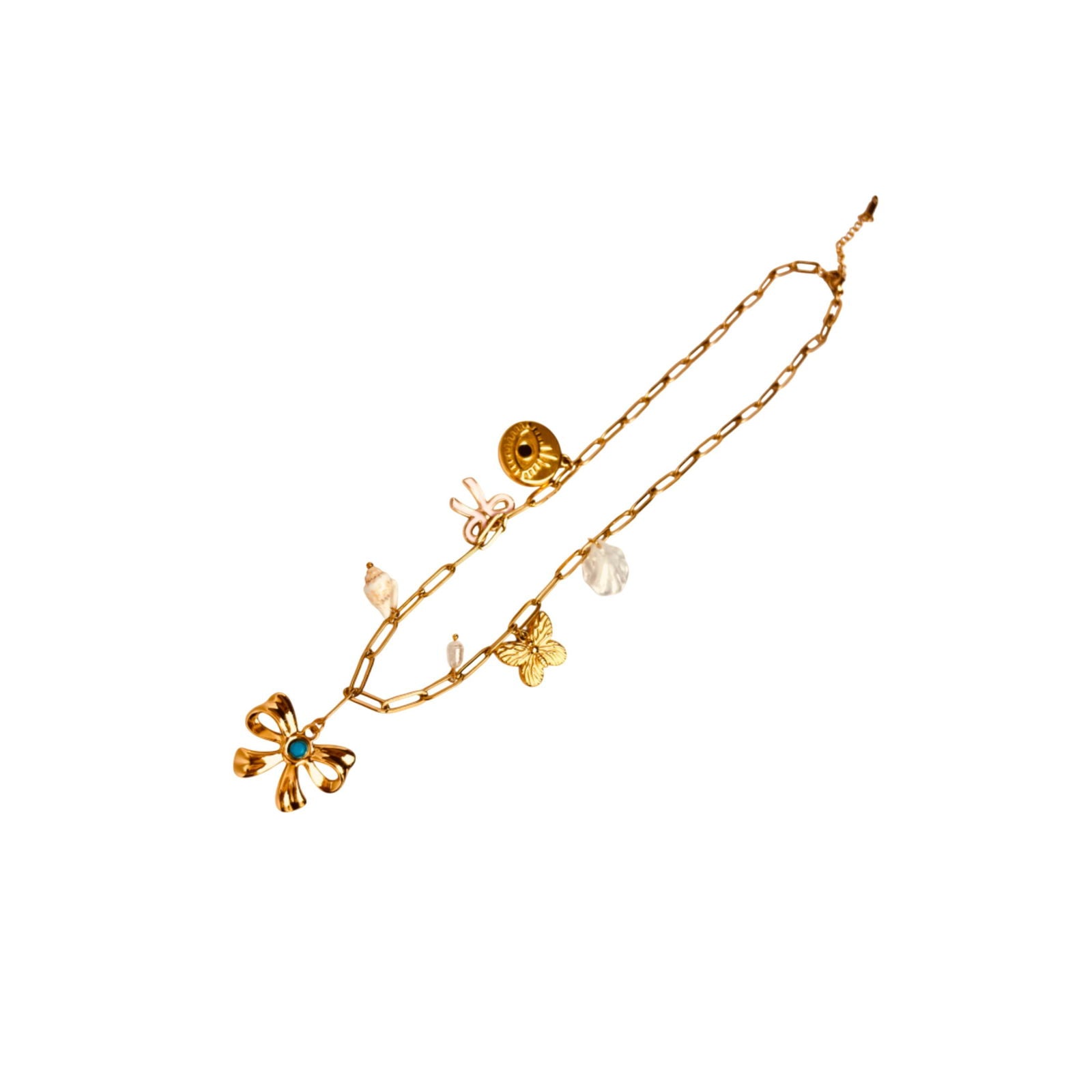 Angled shot of anti-tarnish evil eye and bow charm gold-plated baroque pearl charm necklace birthday gift for her under 2000 - waterproof dainty minimalist gold plated stainless steel charm necklace anniversary gifts ideas under 2000 - hypoallergenic gold necklace festive gifts idea under 2000 - Rakhi gifts for sister under 2000 - jewelry Raksha Bandhan gifts