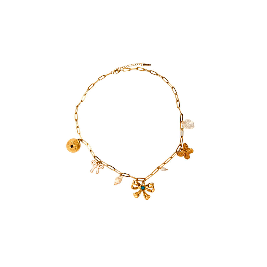 Flat display of multi charm evil eye and baroque pearl necklace – gold-plated evil-eye bow shell butterfly charm chain link chic necklace - dainty elegant gold plated necklace - hypoallergenic anti‑tarnish waterproof nickel‑free gold plated necklace - baroque pearl