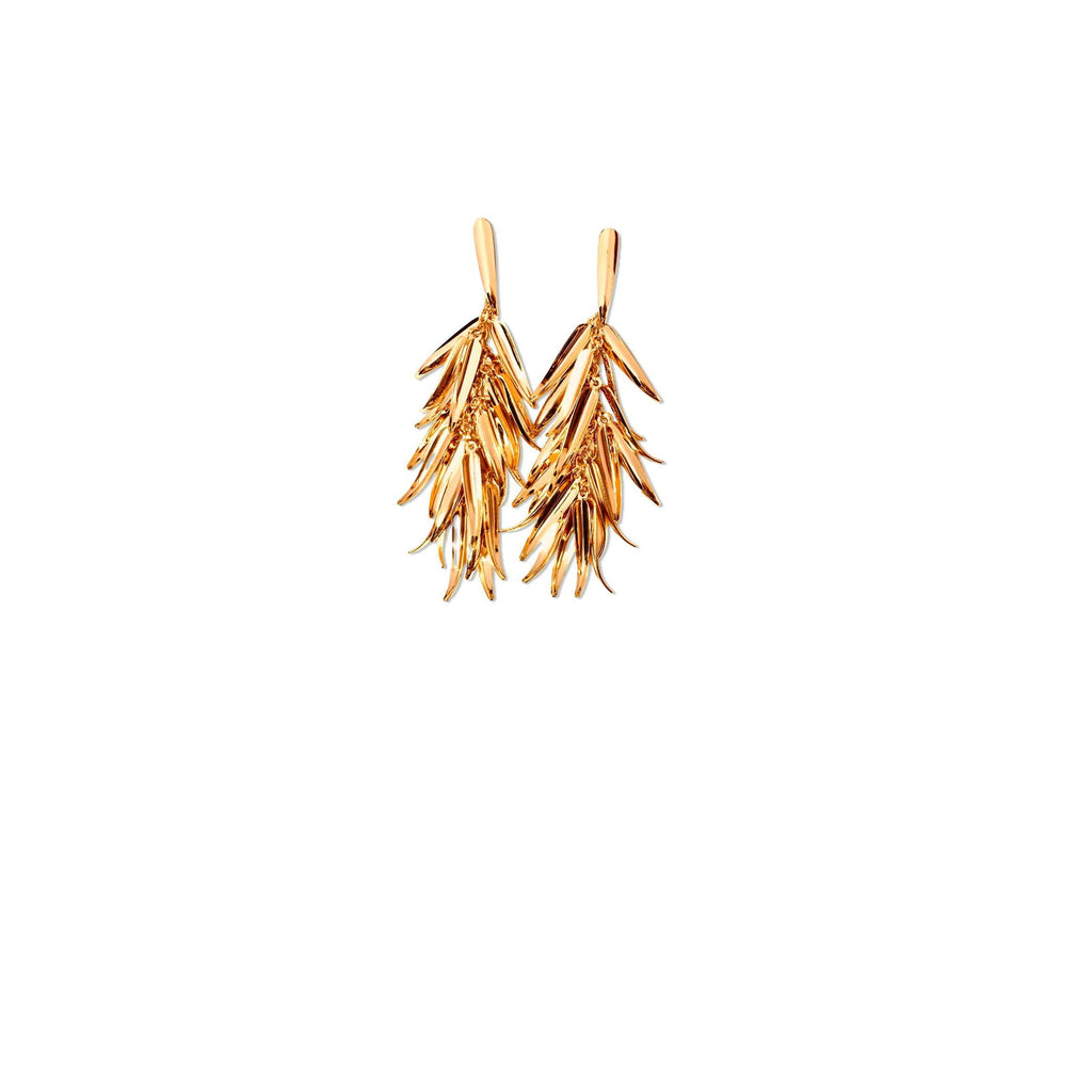Flat-lay of Multi leaf long tassel earrings – gold-plated layered drop design - Statement elegant gold plated earrings - hypoallergenic anti‑tarnish waterproof nickel‑free lead‑free gold plated earrings - scratch‑resistant fade‑resistant water‑resistant gold plated earrings