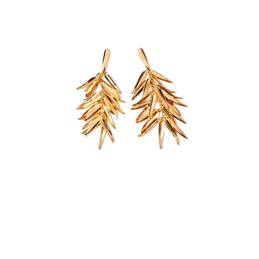 Flat-lay of multi-leaf tassel earrings – natural flow and form - Statement elegant gold plated earrings - hypoallergenic anti‑tarnish waterproof nickel‑free lead‑free gold plated earrings - scratch‑resistant fade‑resistant water‑resistant gold plated earrings
