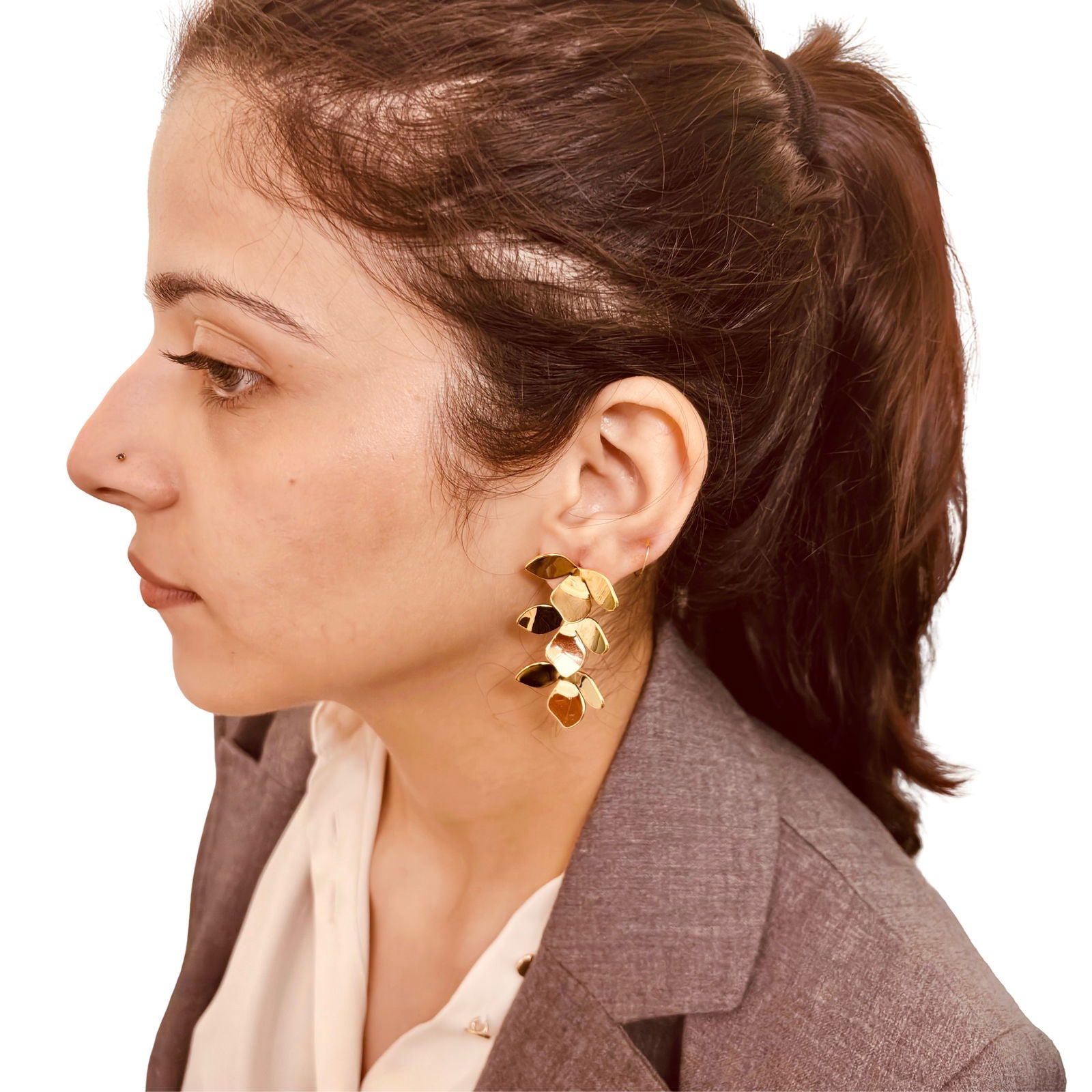 Model's side profile view highlighting shine and natural form - Statement elegant gold plated earrings - hypoallergenic anti‑tarnish waterproof nickel‑free lead‑free gold plated earrings - scratch‑resistant fade‑resistant water‑resistant gold plated earrings