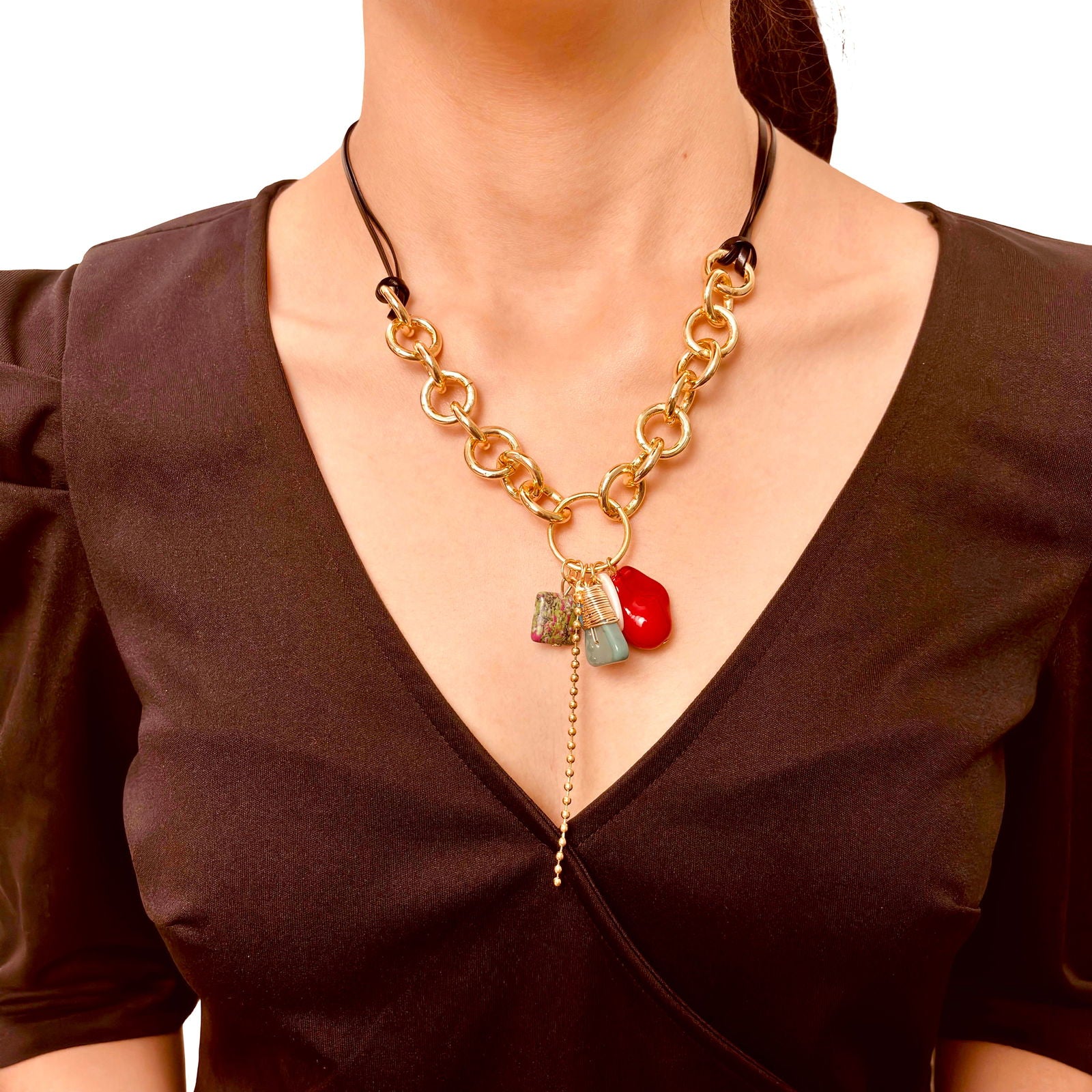 Model wearing chunky gemstone and baroque pearl necklace – boho styling - Statement bold elegant gold plated earrings - hypoallergenic anti‑tarnish waterproof nickel‑free lead‑free gold plated earrings - scratch‑resistant fade‑resistant water‑resistant gold plated necklace