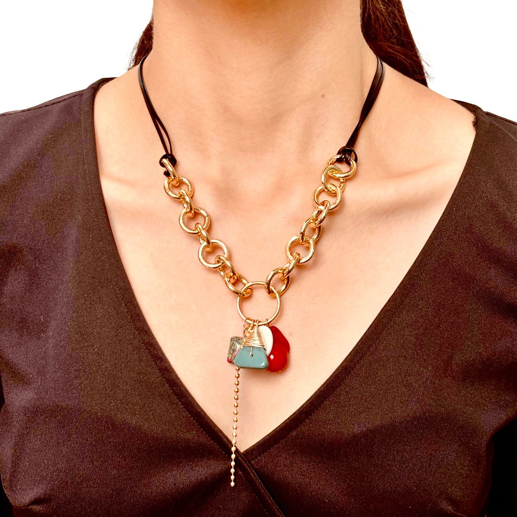 Model wearing chunky gold plated chain necklace - multistone and baroque pearl with black chord and chain link design - boho gold plated long necklace - statement gold plated necklace - hypoallergenic waterproof nickel‑free anti‑tarnish gold plated necklace - baroque pearl necklace