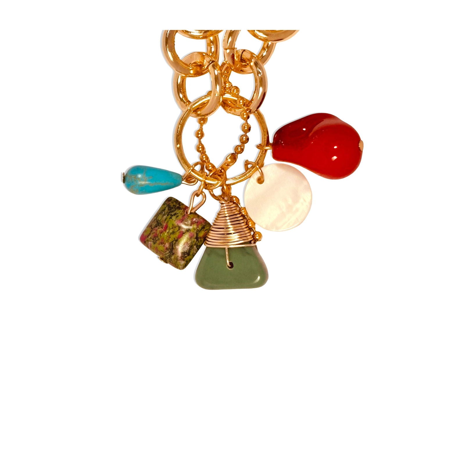 Close-up image of stones showing chunky gold settings and multicolor stones - Statement bold elegant gold plated earrings - hypoallergenic anti‑tarnish waterproof nickel‑free lead‑free gold plated earrings - scratch‑resistant fade‑resistant water‑resistant gold plated necklace - baroque pearl necklace