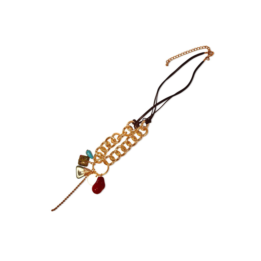 Flat-lay of multistone chord necklace showing length of necklce with clasp - Statement bold elegant gold plated earrings - hypoallergenic anti‑tarnish waterproof nickel‑free lead‑free gold plated earrings - scratch‑resistant fade‑resistant water‑resistant gold plated necklace - baroque pearl necklace