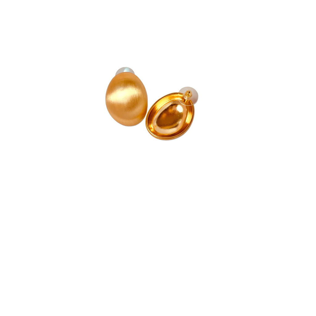 Flat-lay of egg stud earrings – bold minimal gold style - dainty chic minimalist elegant gold plated earrings - hypoallergenic anti‑tarnish waterproof nickel‑free lead‑free gold plated earrings - scratch‑resistant fade‑resistant water‑resistant gold plated earrings 