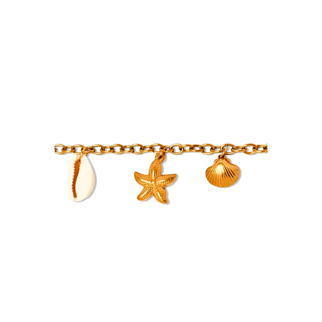 Close-up of Flat-lay starfish and cowrie shell beach charm bracelet - dainty chic minimalist elegant gold plated bracelet - hypoallergenic anti‑tarnish waterproof nickel‑free lead‑free gold plated bracelet