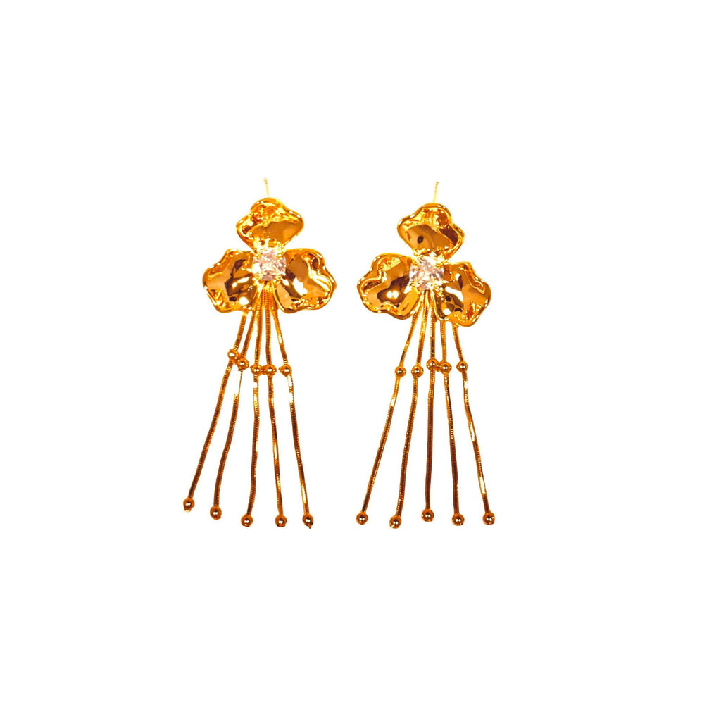 Flat-lay on white background of gold-plated floral earrings highlighting petal texture and polish - gold plated party dangler earrings - gold plated party wear danglers - gold plated party statement earrings - gold plated cocktail dangler earrings - gold plated festive dangler earrings - gold plated glam chandalier earrings - hypoallergenic 18K gold-plated stainless steel party dangle earrings - waterproof statement earrings anti-tarnish - Rakhi gifts for sister under 2000 - jewelry Raksha Bandhan gifts